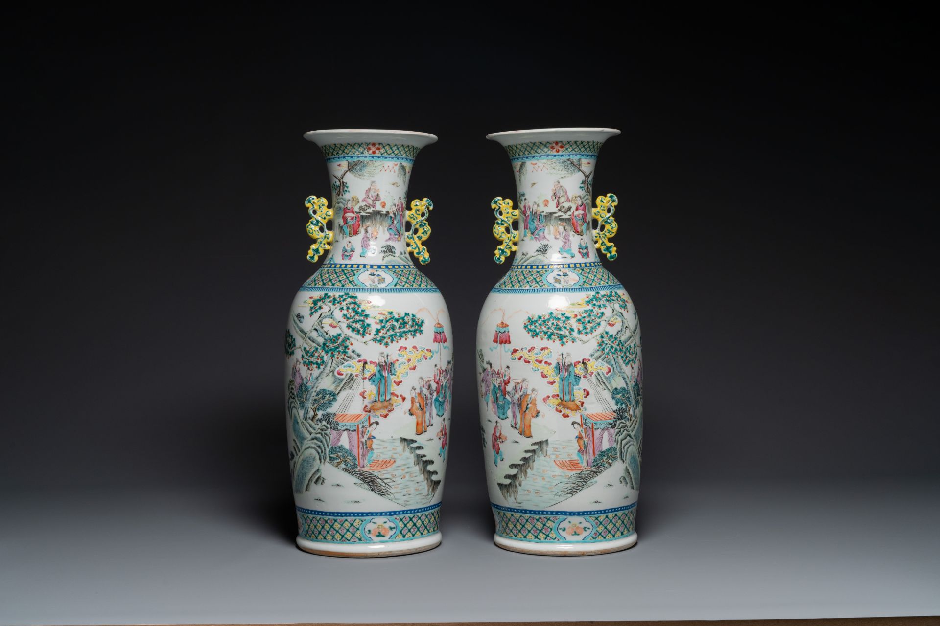 A pair of Chinese famille rose vases with narrative design, 19th C. - Image 2 of 4
