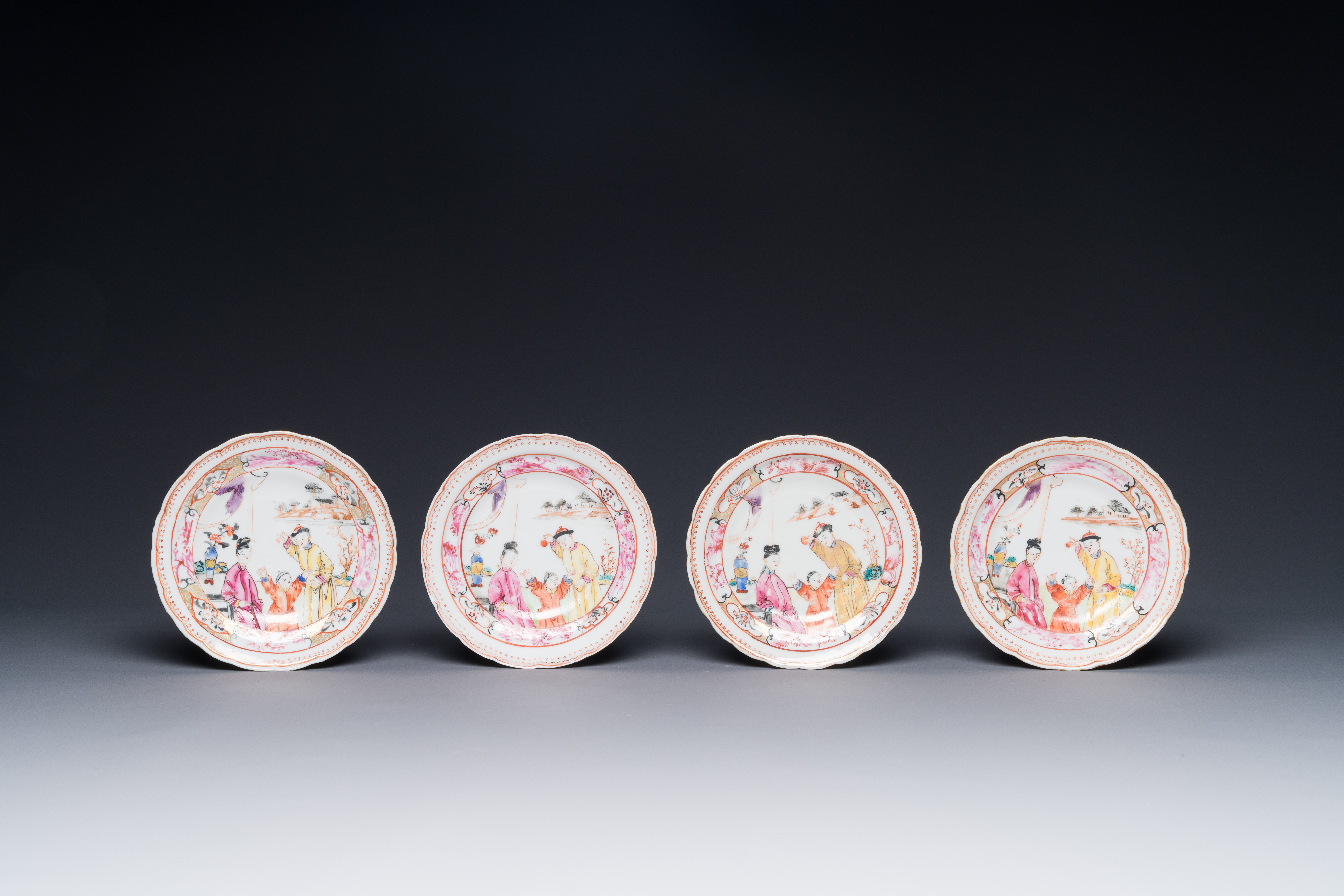 Six Chinese Canton famille rose 'mandarin subject' cups and saucers with four covers, Qianlong - Image 2 of 7