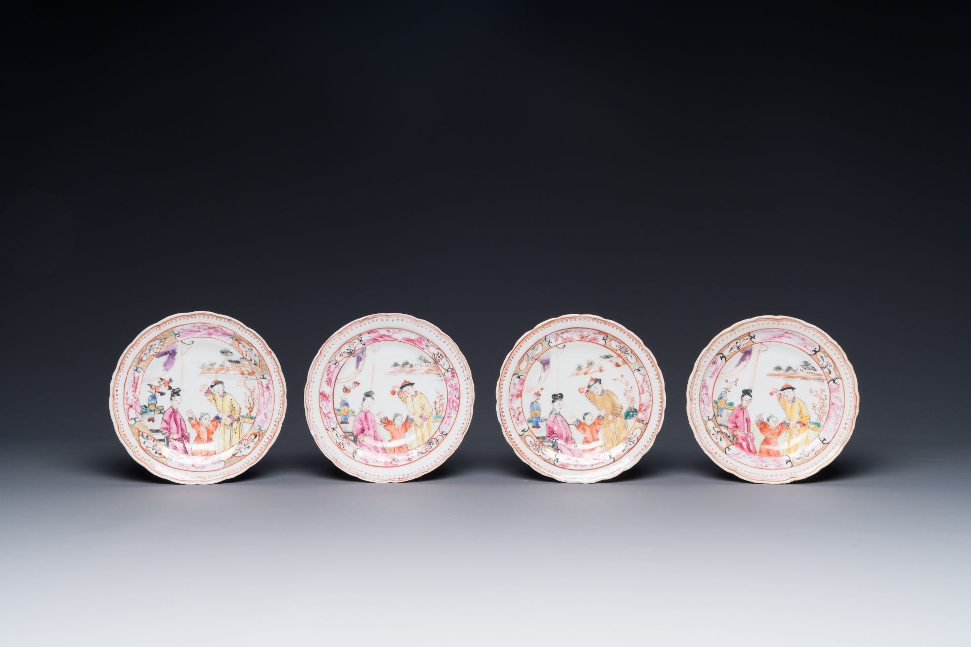 Six Chinese Canton famille rose 'mandarin subject' cups and saucers with four covers, Qianlong - Image 2 of 7