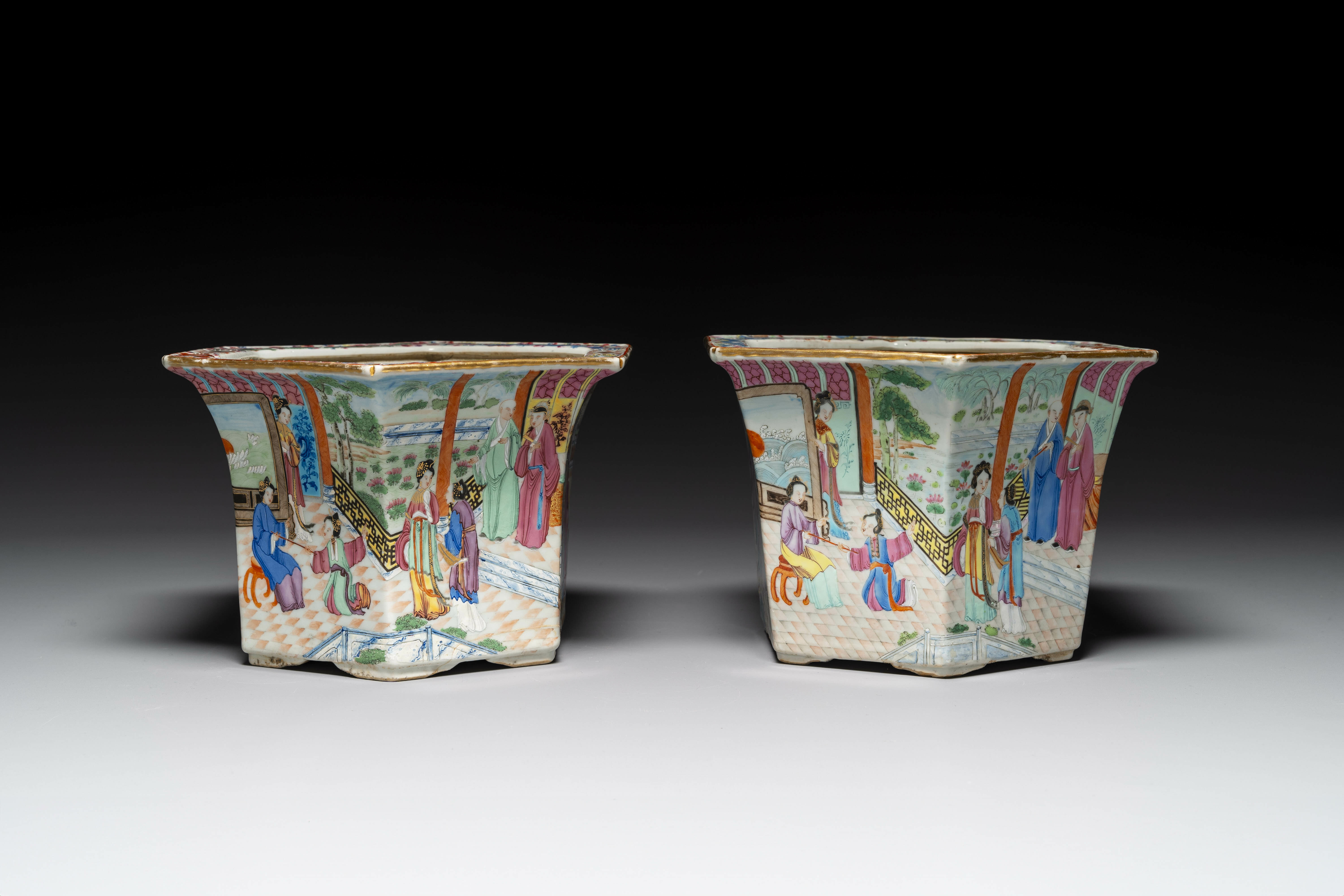 A pair of hexagonal Chinese Canton famille rose jardinieres on stands, 19th C. - Image 3 of 9