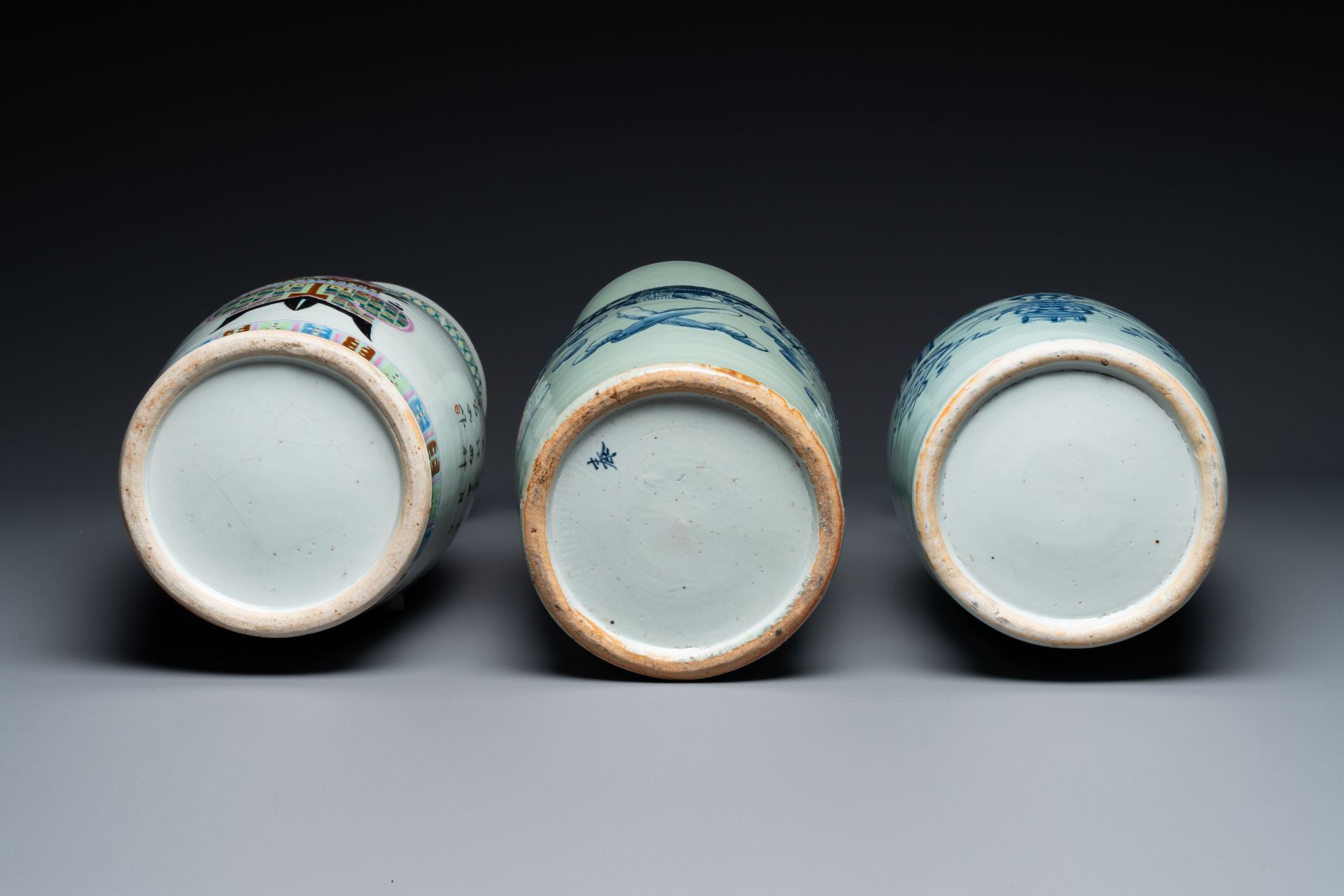 A Chinese famille rose vase and two celadon-ground blue and white vases, 19th C. - Image 4 of 4