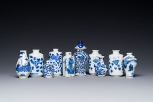 Ten Chinese blue and white vases and snuff bottles, 19th C.