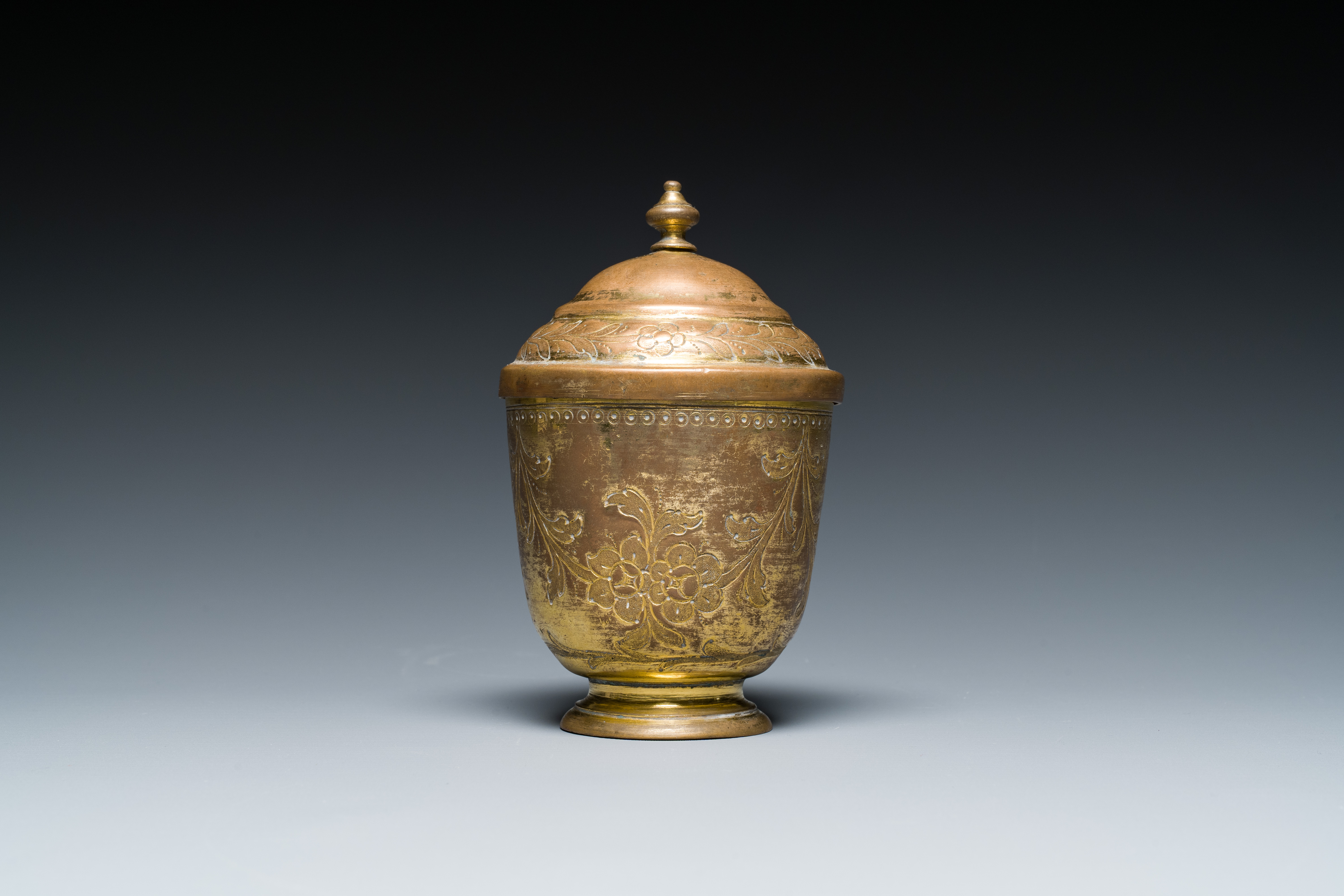 A gilt copper bowl and cover, 'tombak', Turkey, 18th C. - Image 2 of 9