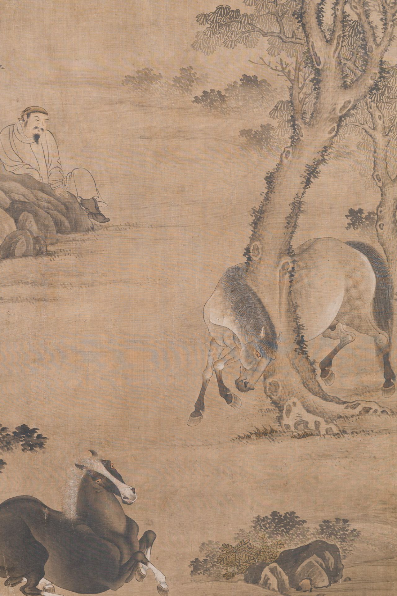 Chinese school: 'Man with two horses', ink and colour on silk, 18/19th C. - Image 4 of 5
