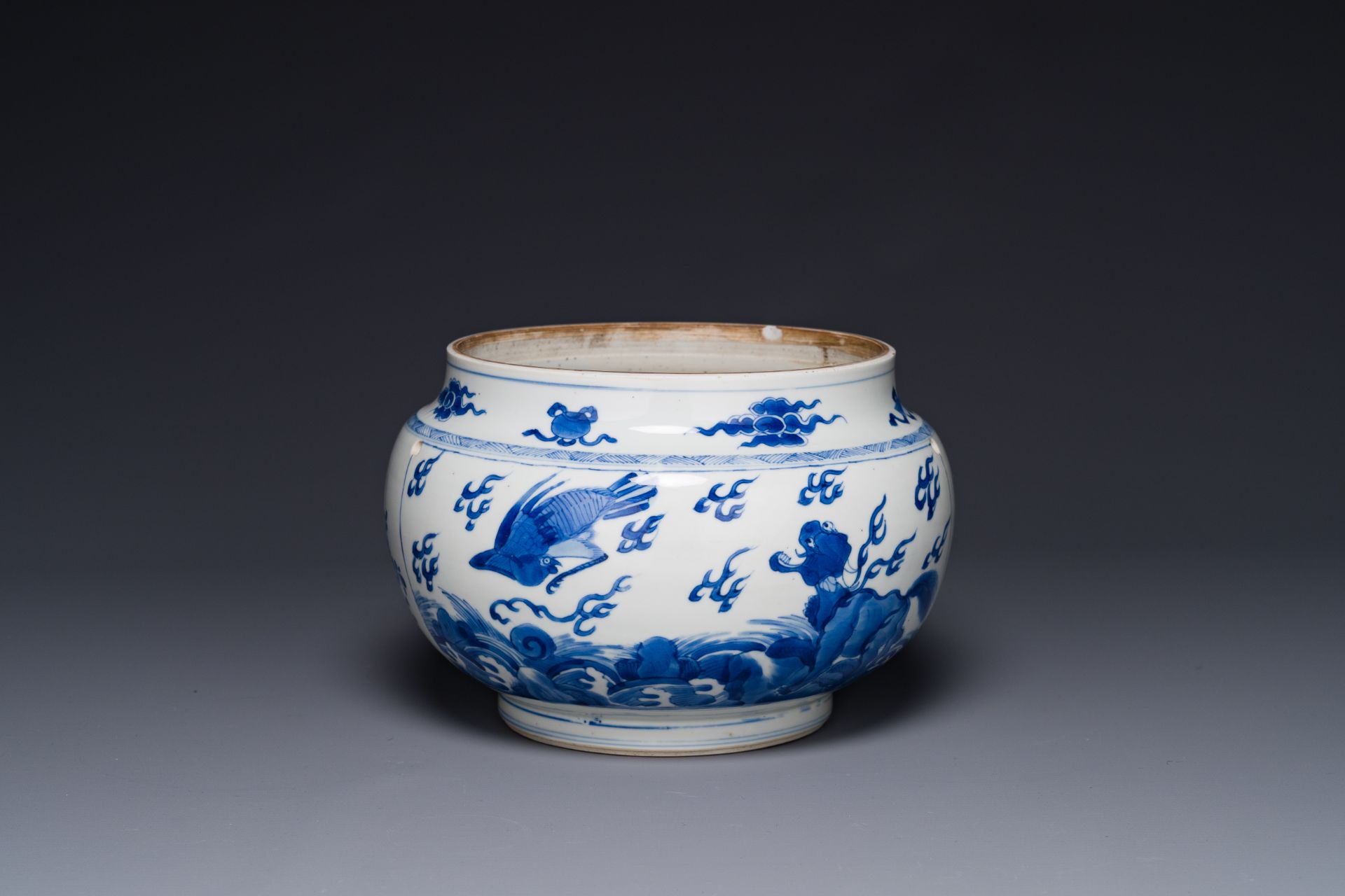 A Chinese blue and white 'mythic animals' bowl, Kangxi