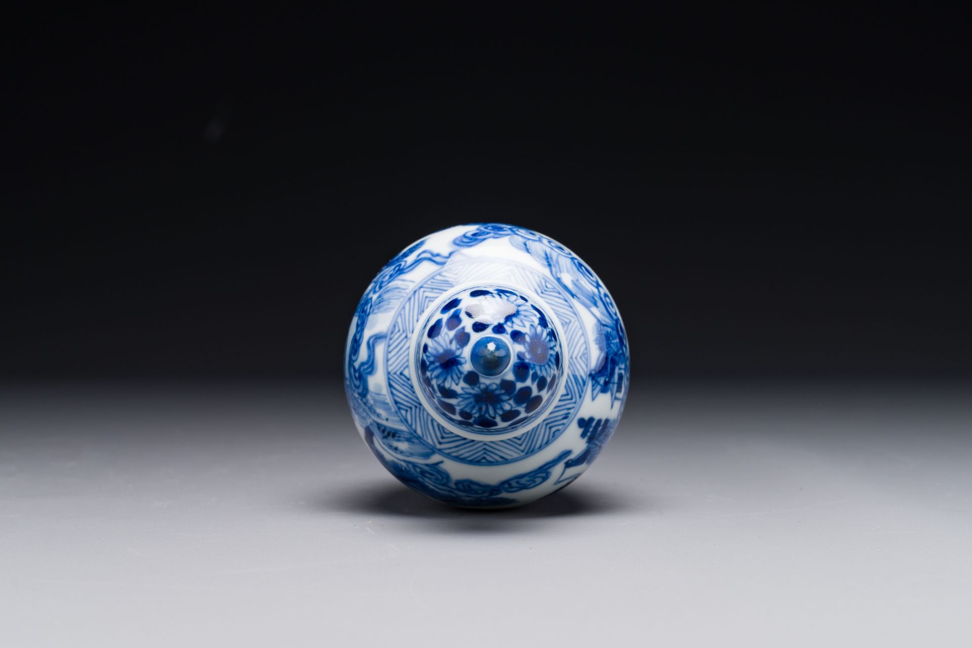 A Chinese blue and white covered vase with fishermen in a river landscape, jade mark, Kangxi - Image 6 of 7