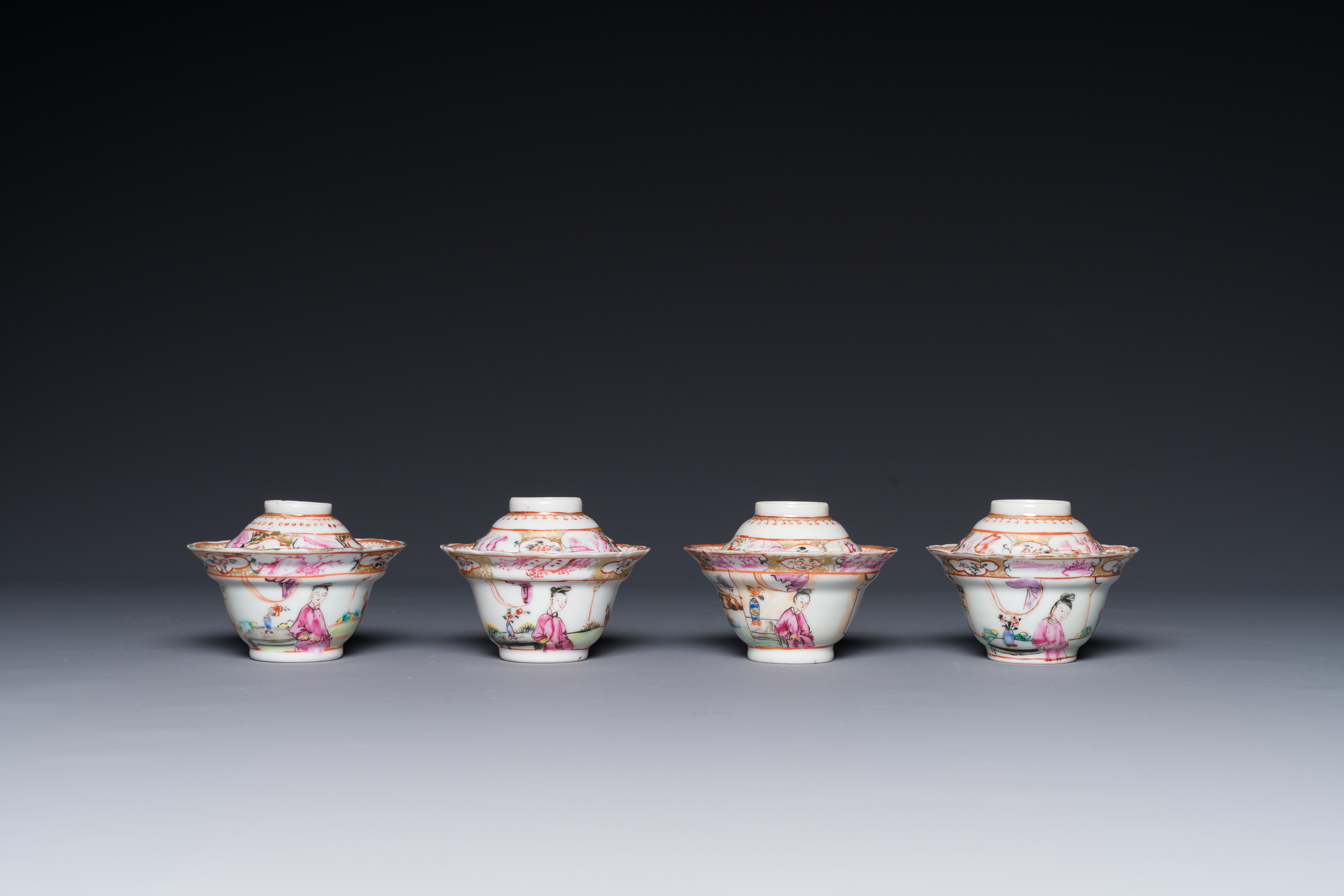 Six Chinese Canton famille rose 'mandarin subject' cups and saucers with four covers, Qianlong - Image 5 of 7