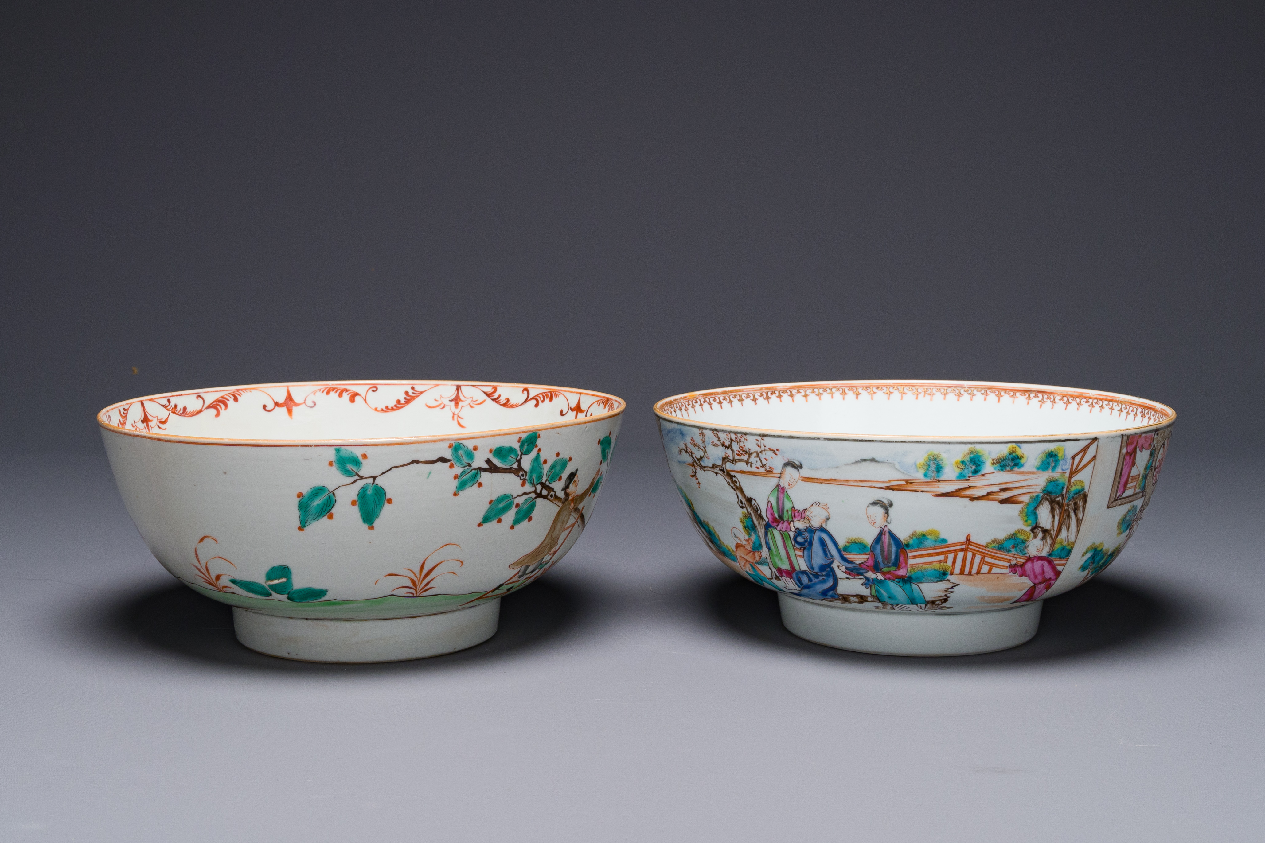 A Dutch-decorated Chinese bowl and a Canton famille rose 'mandarin subject' bowl, Qianlong - Image 3 of 8