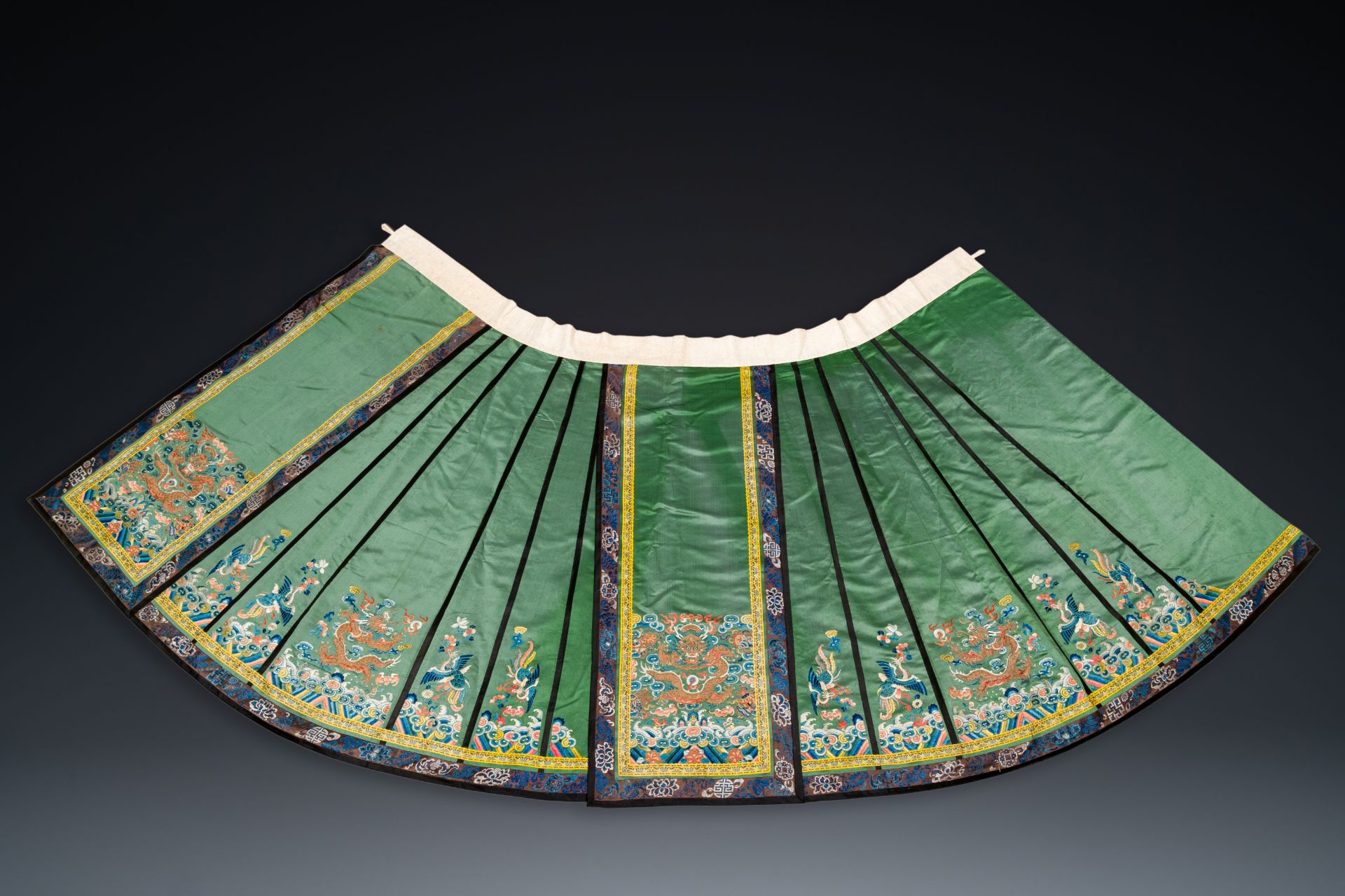 A Chinese embroidered silk 'dragon and phoenix' skirt and a wallet pouch, 18/19th C. - Image 2 of 10