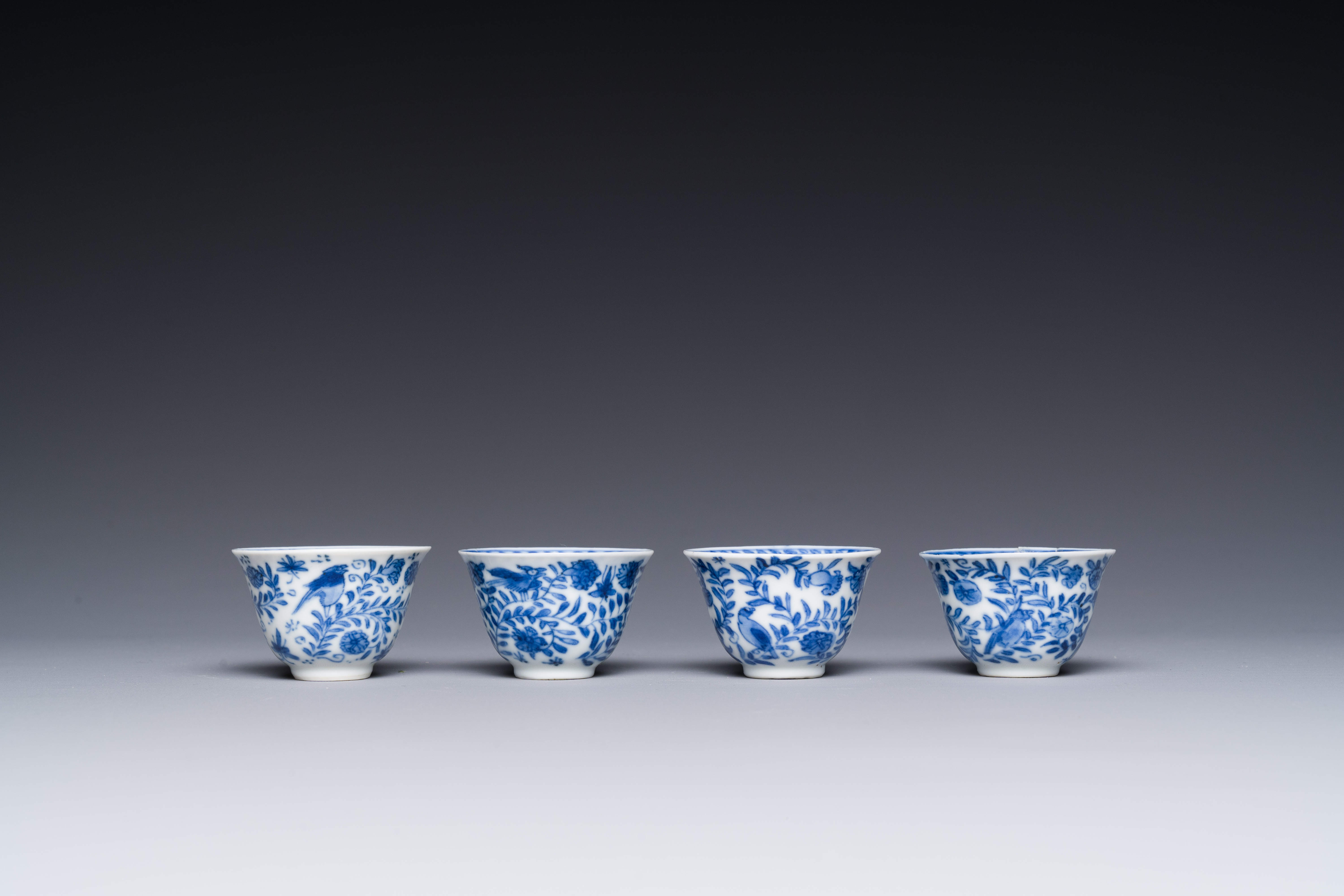 Four Chinese blue and white miniature cups and saucers, butterfly mark, Kangxi - Image 6 of 6