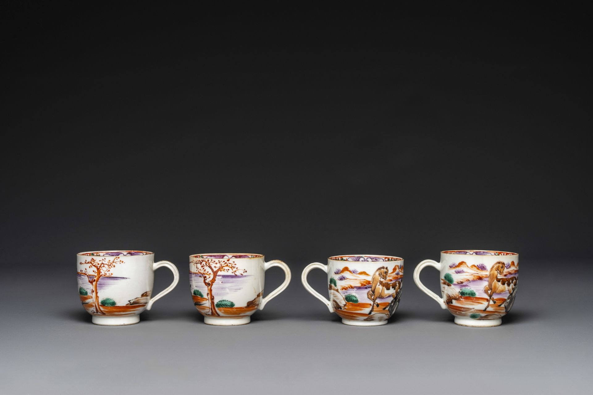 Four Chinese famille rose cups and saucers and a sugar bowl with design of two horses, Qianlong - Image 2 of 10