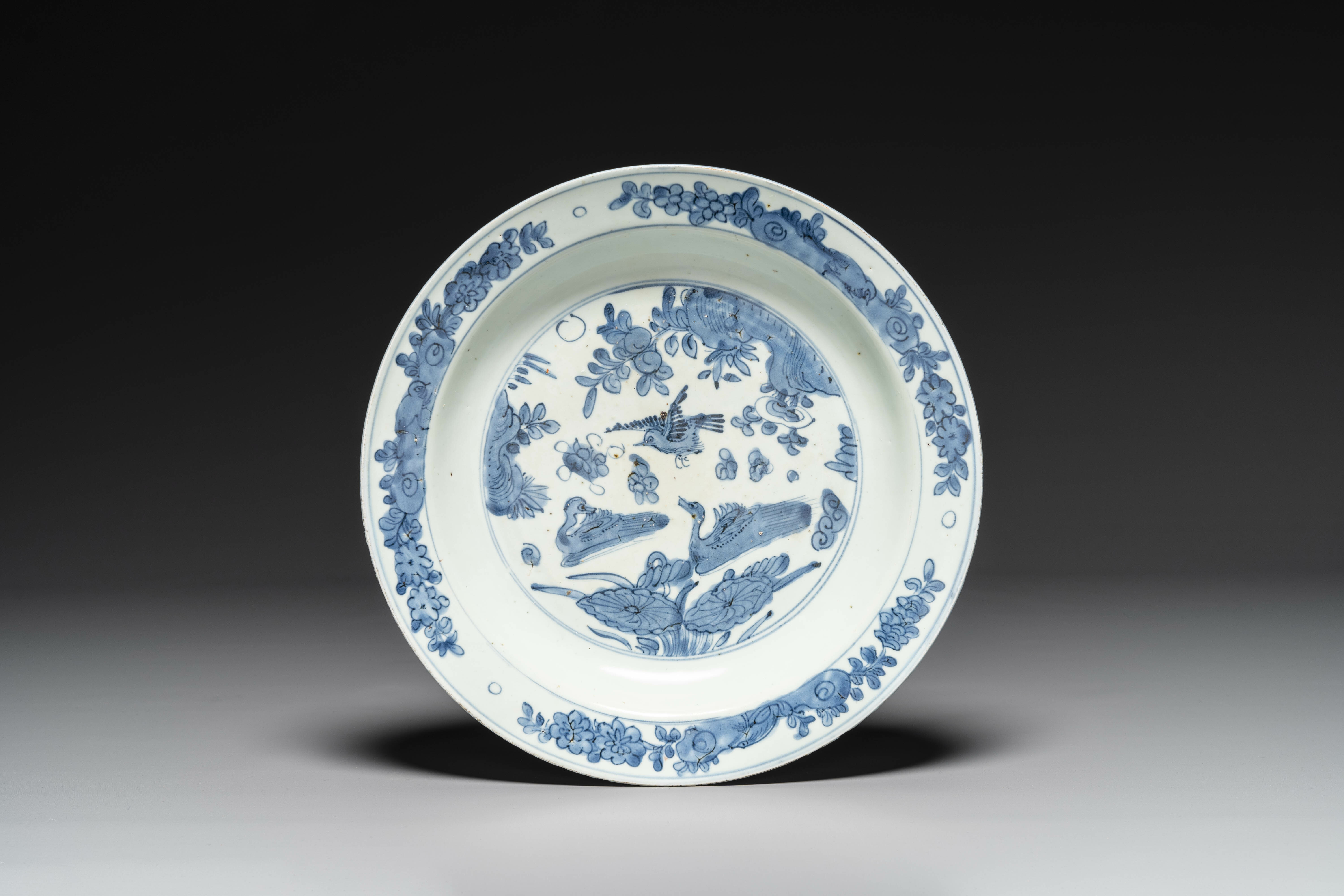 A Chinese blue and white 'birds at a pond' dish, Jiajing