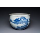 A Chinese blue and white 'dragons and carps' jardiniere, 19th C.