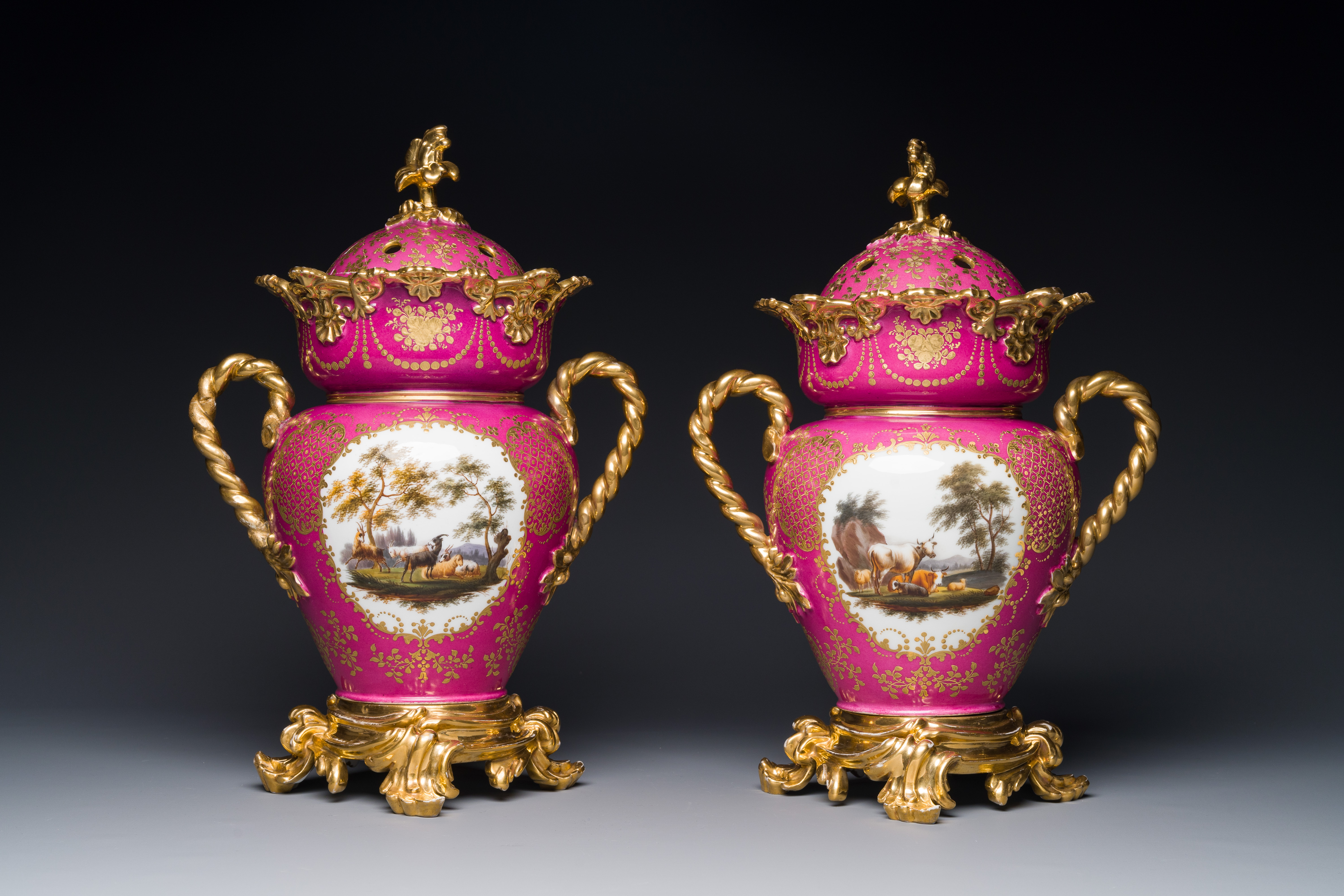 A pair of French parcel-gilt polychrome pink-ground porcelain potpourri vases, Jacob Petit, Paris, 1 - Image 2 of 7