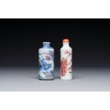 Two Chinese blue, white and copper-red snuff bottles, Qianlong mark, 19th C.