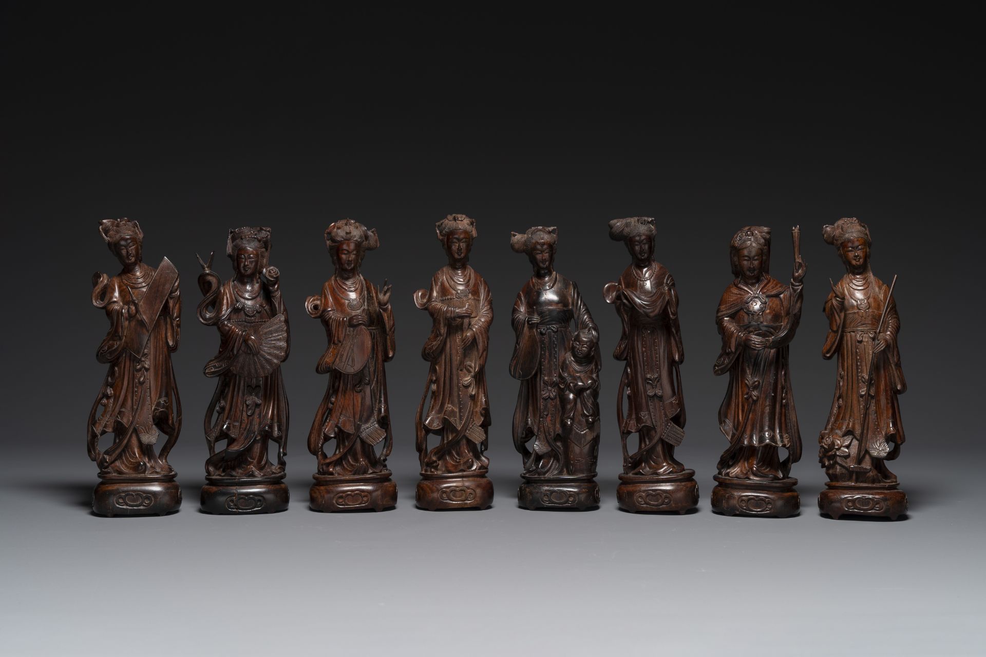 Eight Chinese wooden sculptures of female deities, 19th C.