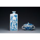 A Chinese blue and white square 'Long Eliza' flask and a covered bowl, Kangxi