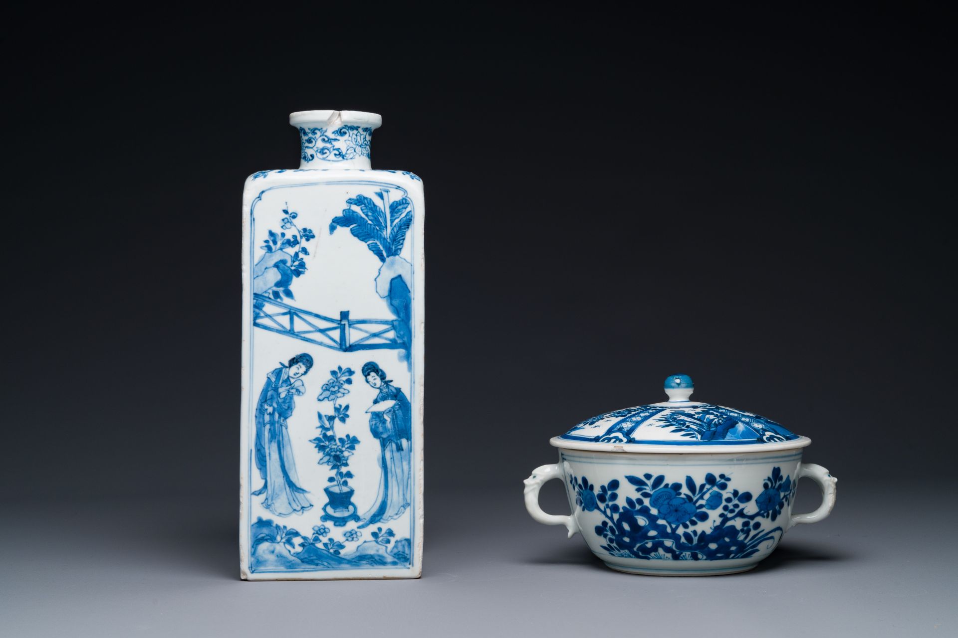 A Chinese blue and white square 'Long Eliza' flask and a covered bowl, Kangxi