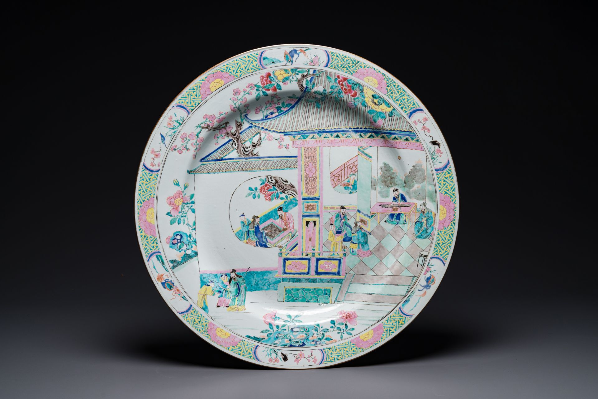 A massive Chinese famille rose dish with narrative decor, Yongzheng