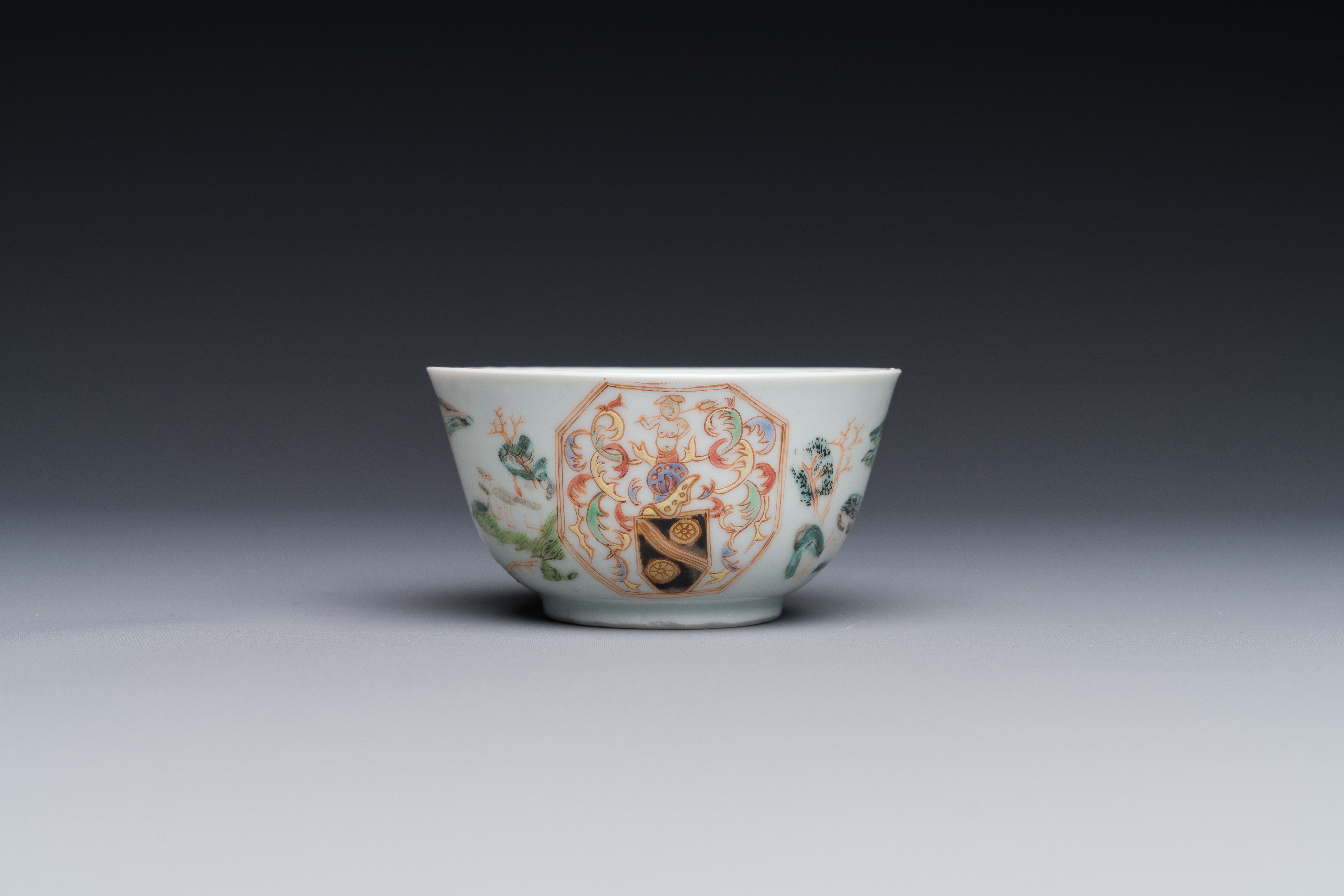 A Chinese famille rose cup and saucer with the arms of Beekman of Zeeland for the Dutch market, Yong - Image 4 of 6