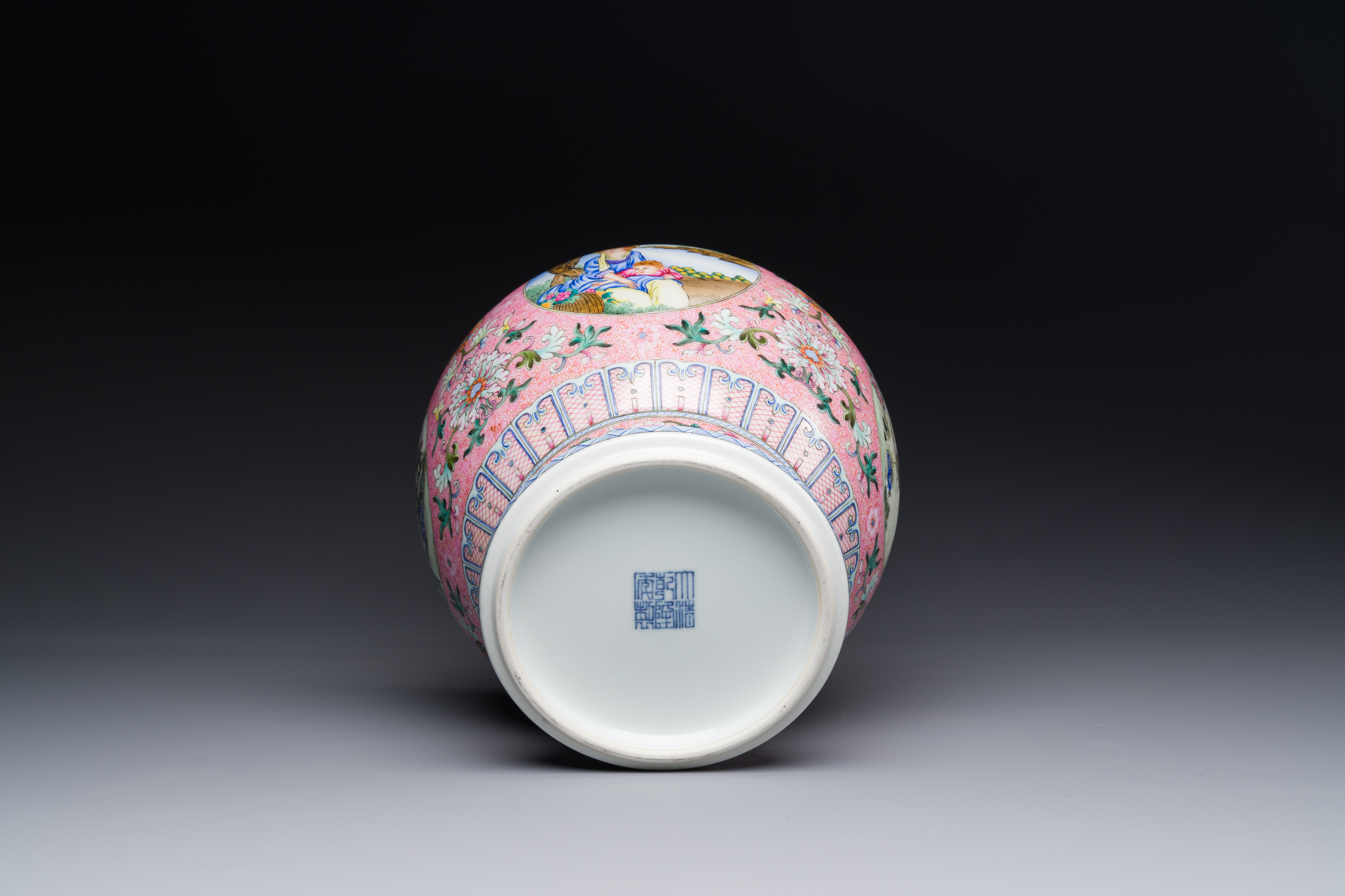 A Chinese famille rose pink-ground 'European scene' vase , 20th C. - Image 3 of 3