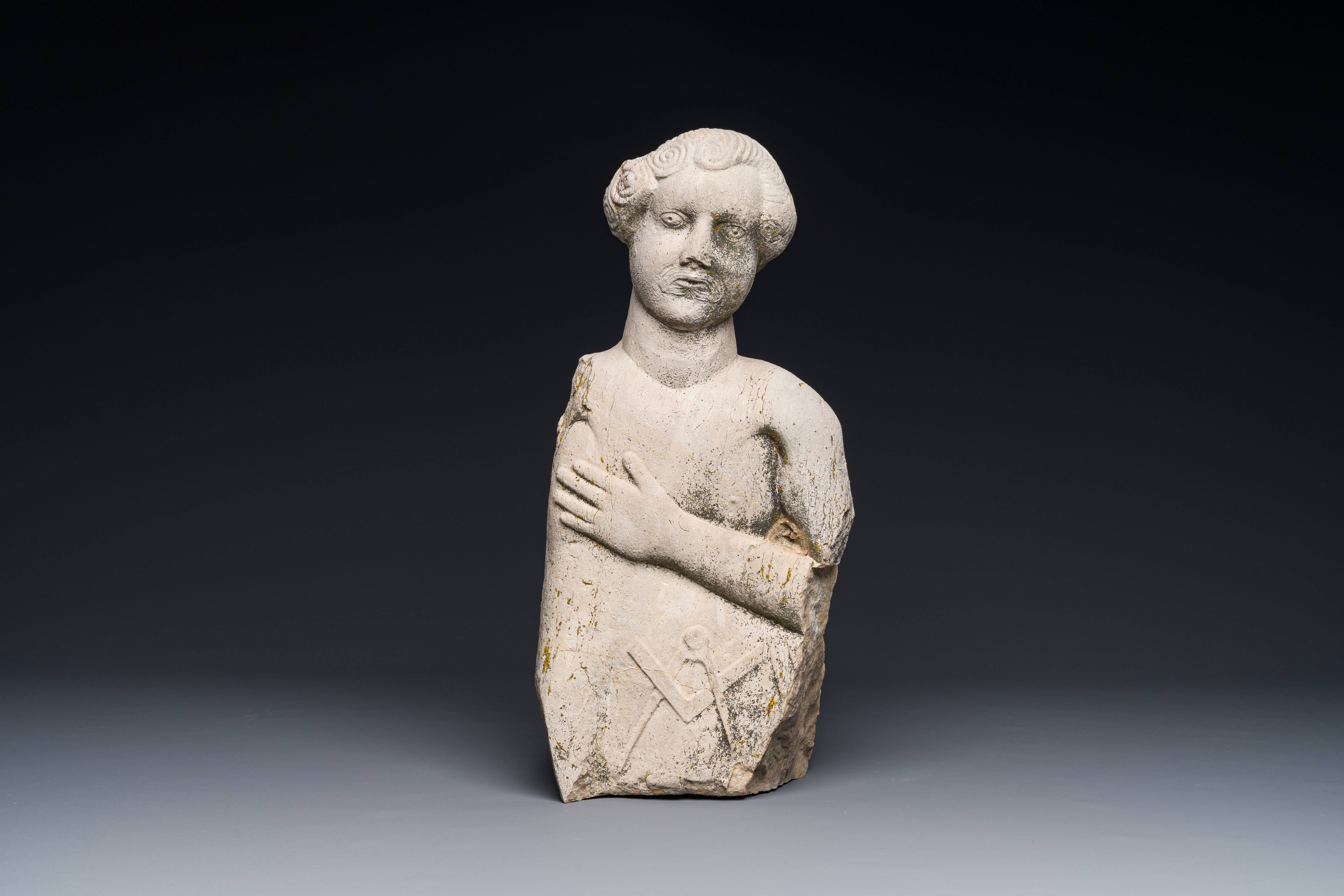A stone sculpture of a man with the Freemasonry logo, probably France, 18th C. - Image 3 of 9