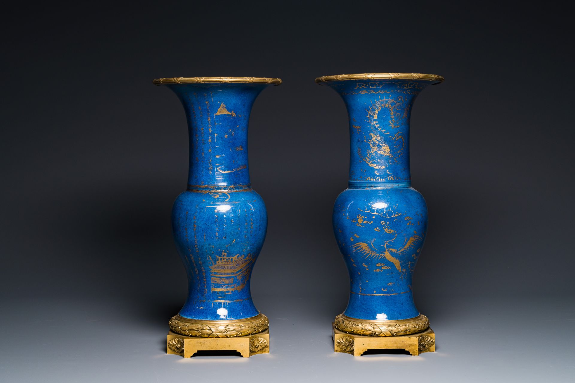 A pair of Chinese gilt-decorated powder-blue 'yenyen' vases with gilt bronze mounts, Kangxi