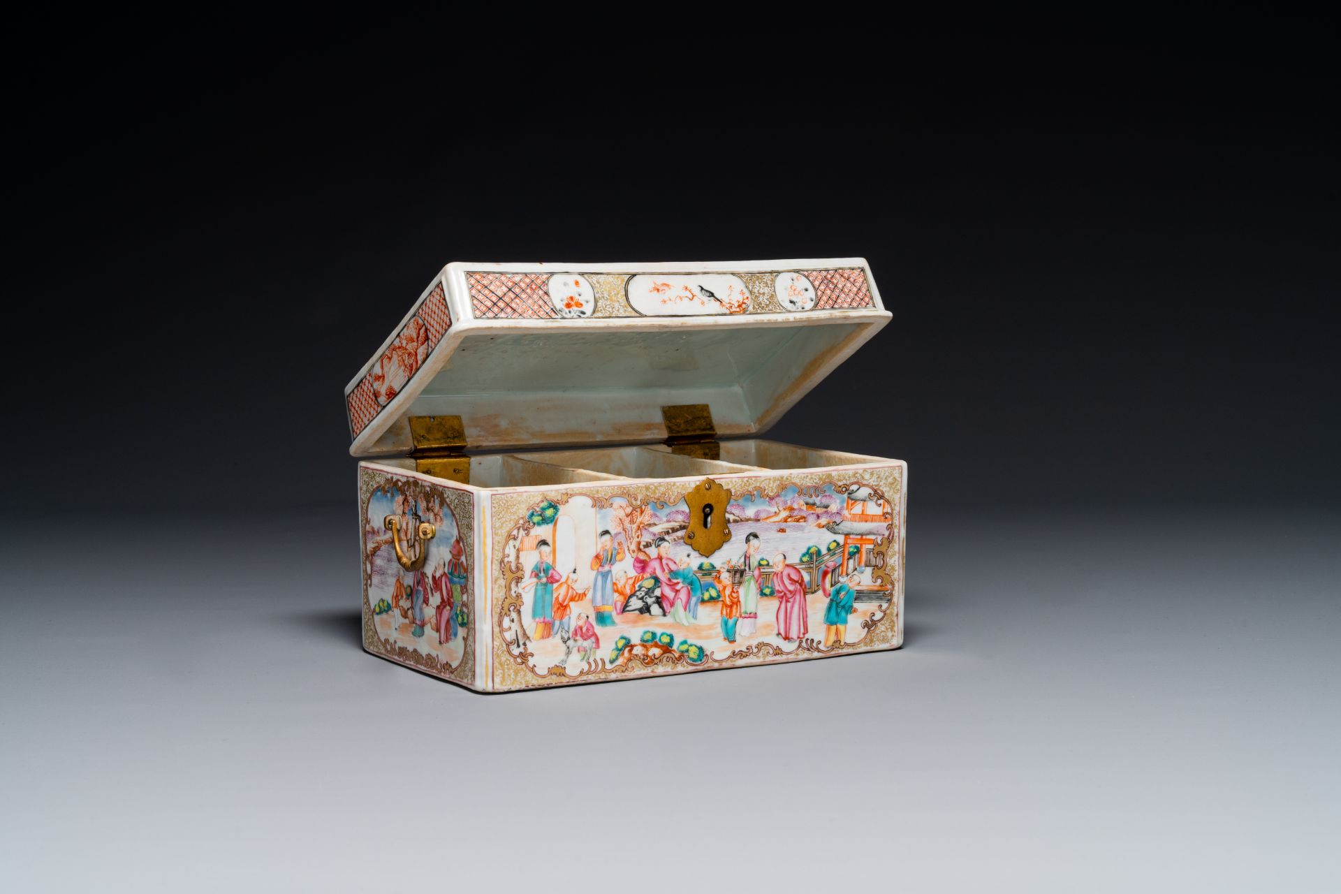 An extremely rare Chinese Canton famille rose 'mandarin subject' tea casket or chest with gilt bronz - Image 2 of 9