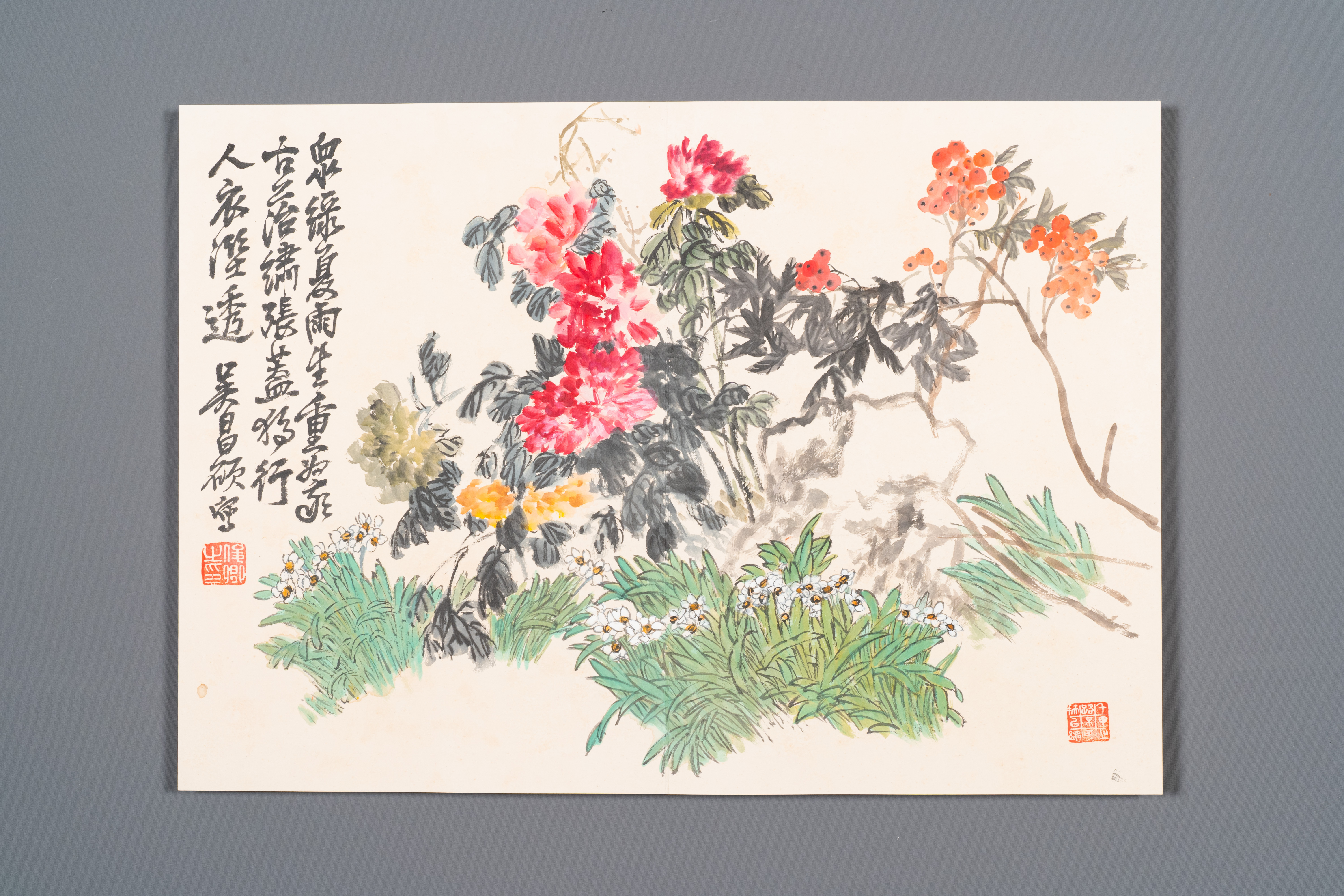 Wu Changshuo å´æ˜Œç¡• (1844-1927): Album with 10 floral works accompanied by calligraphy, ink and c - Image 9 of 14