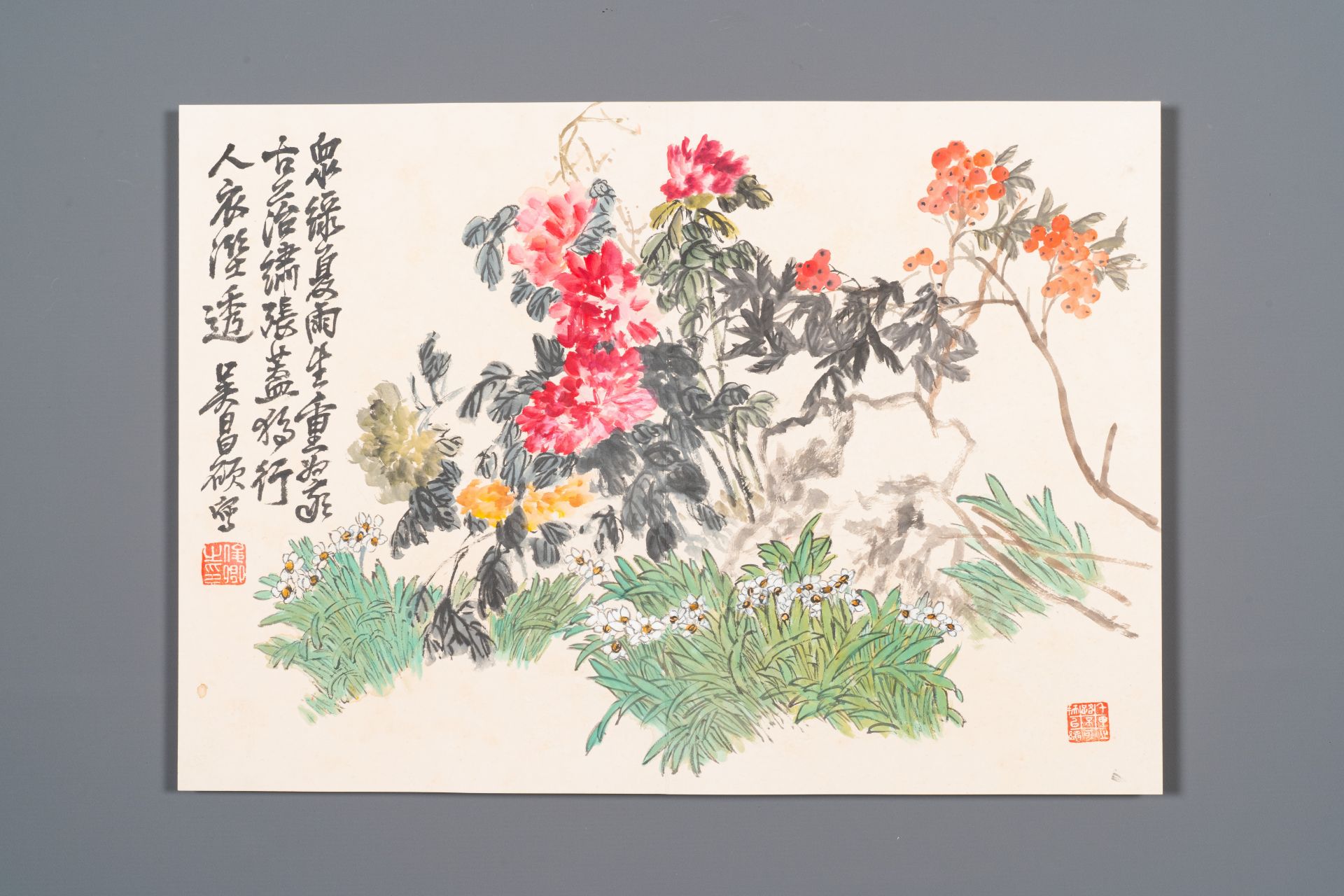 Wu Changshuo å´æ˜Œç¡• (1844-1927): Album with 10 floral works accompanied by calligraphy, ink and c - Bild 9 aus 14