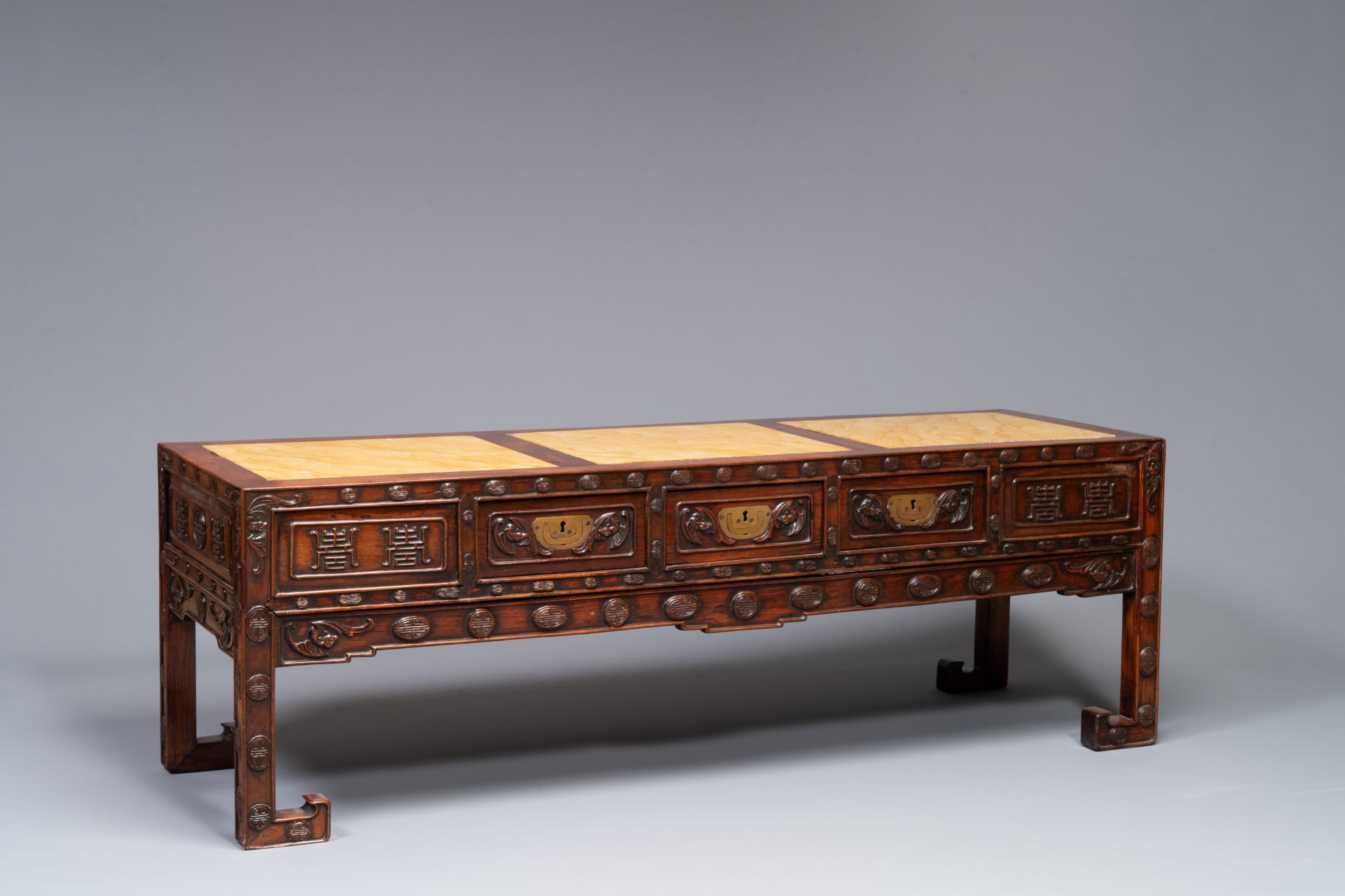 A Chinese carved wooden stand and a low table with marble tops, 19th C. - Image 2 of 10