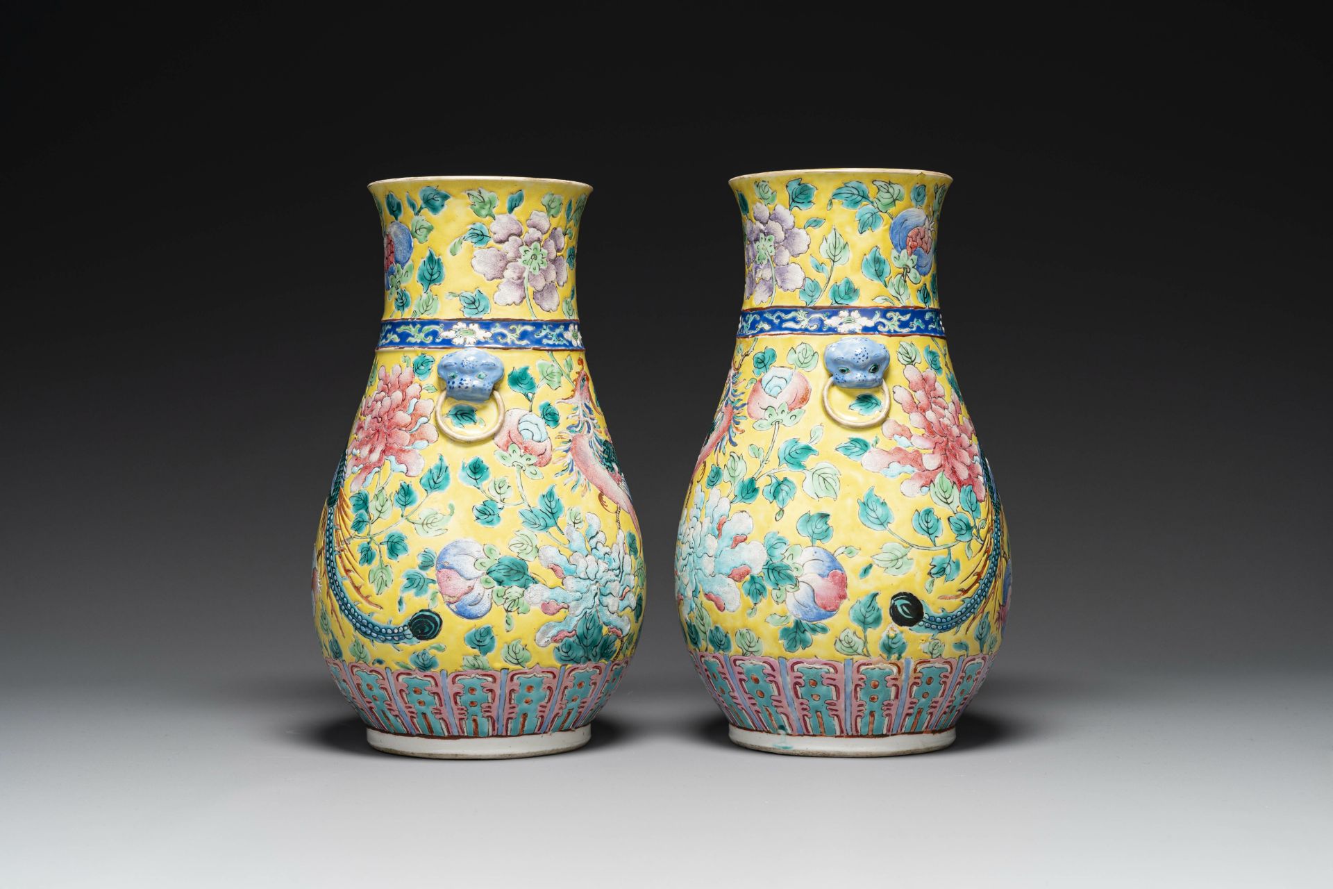 A pair of Chinese famille rose yellow-ground 'hu' vases for the Straits or Peranakan market, 19th C. - Image 4 of 6