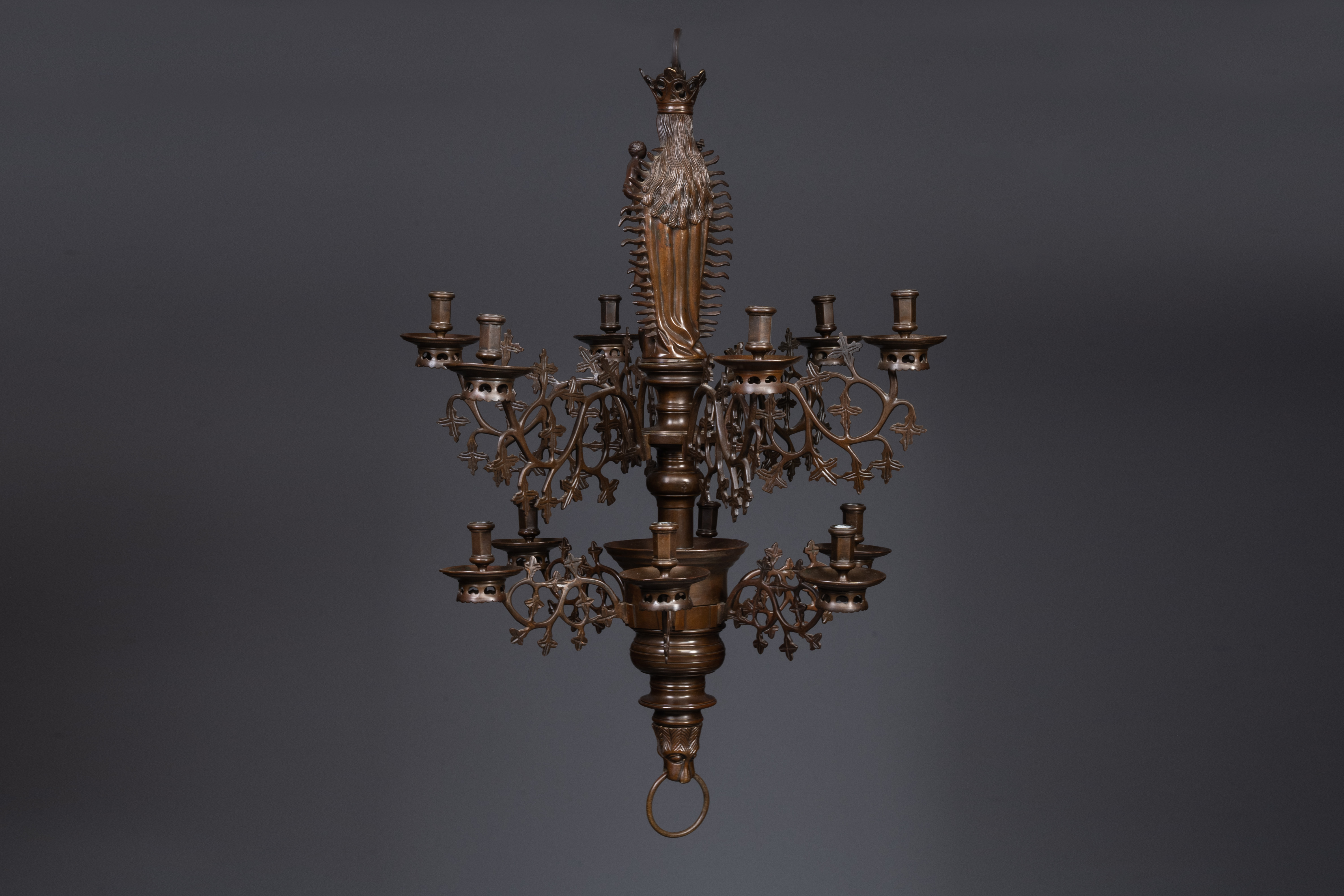 A Flemish or Dutch bronze Gothic Revival large bronze 'Madonna and Child' chandelier, 19th C. - Image 2 of 8