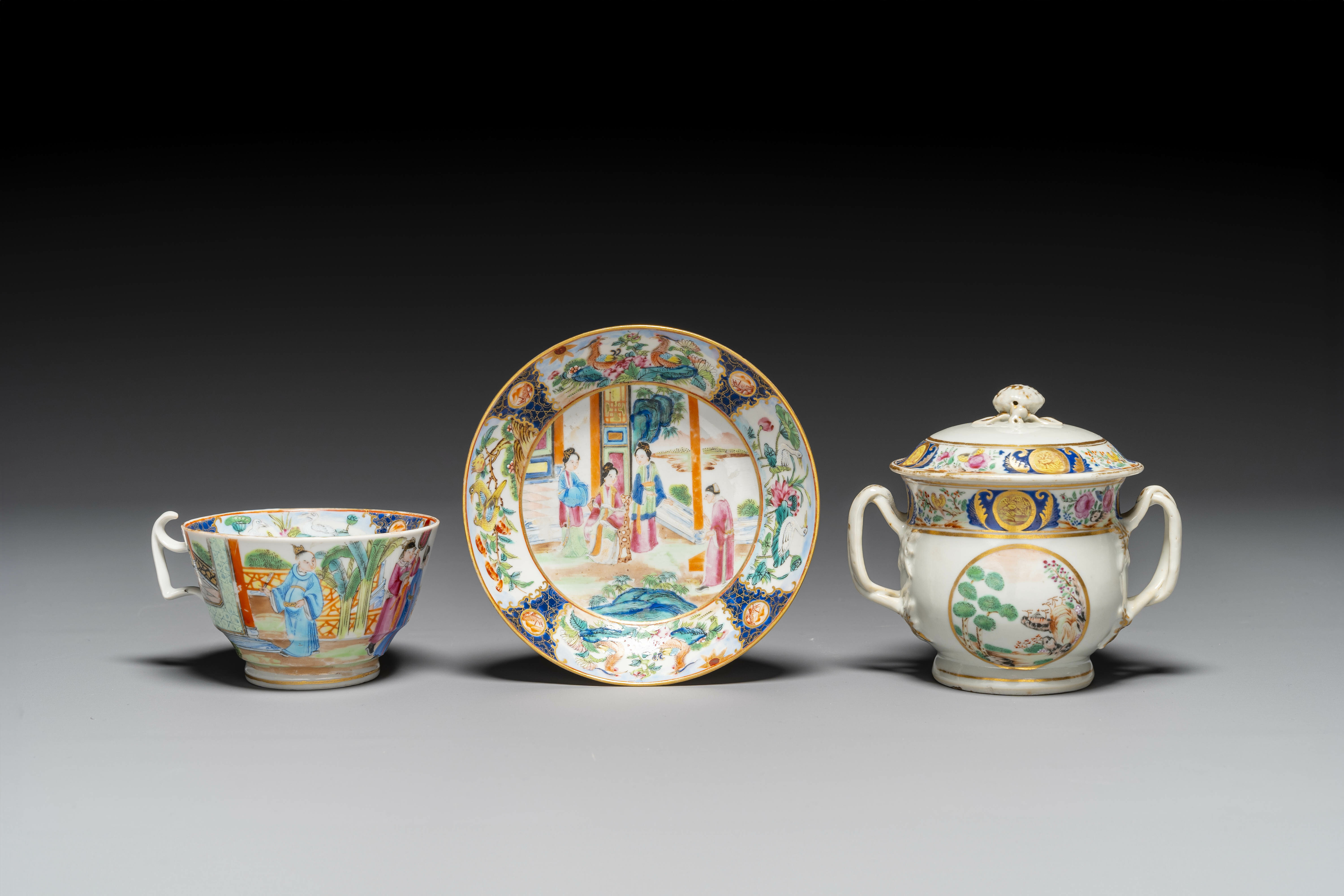 A rare Chinese Canton famille rose covered sugar bowl, a cup and saucer, 19th C.