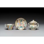 A rare Chinese Canton famille rose covered sugar bowl, a cup and saucer, 19th C.