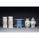 Two Chinese qianjiang cai hat stands, a blue and white jardiniere on stand, a famille rose vase and