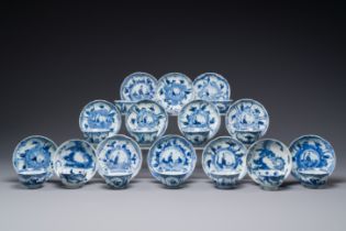 13 Chinese blue and white cups and 14 saucers with figural and dragon design, Kangxi/Yongzheng