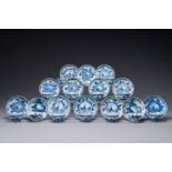 13 Chinese blue and white cups and 14 saucers with figural and dragon design, Kangxi/Yongzheng
