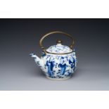 A Chinese blue and white 'Eight Immortals' teapot with bronze mount for the Thai market, Yong Mao Yu