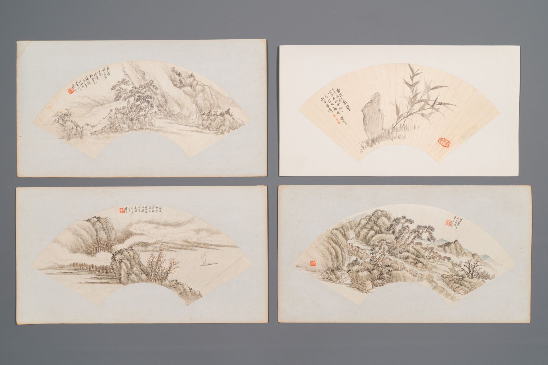 Chinese school: Four fan-shaped paintings, ink and colour on paper, signed Bosheng åšç”Ÿ, 19/20th C