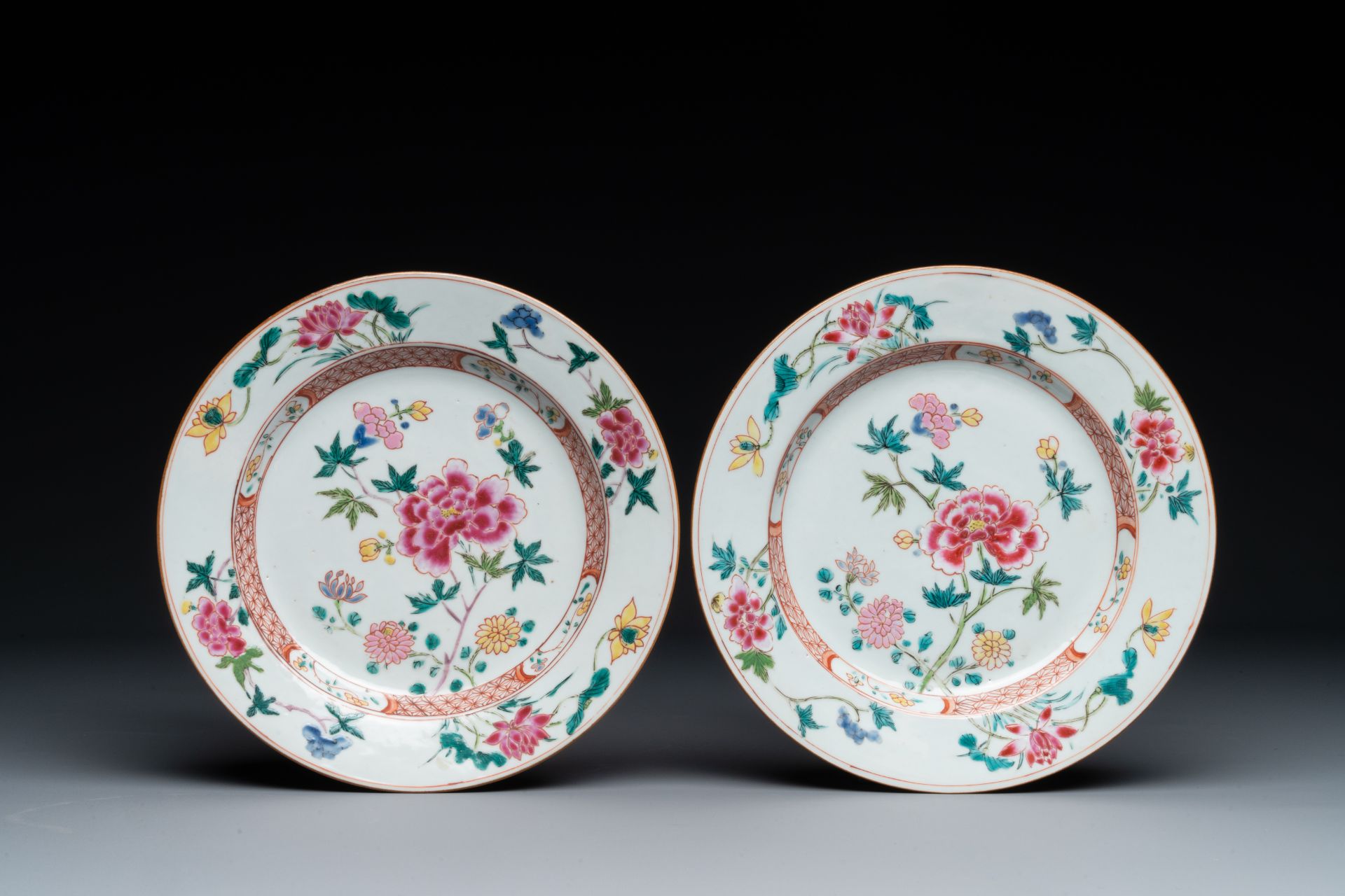 A pair of famille rose 'rooster' plates and a pair of 'floral' plates, Qianlong - Image 4 of 5