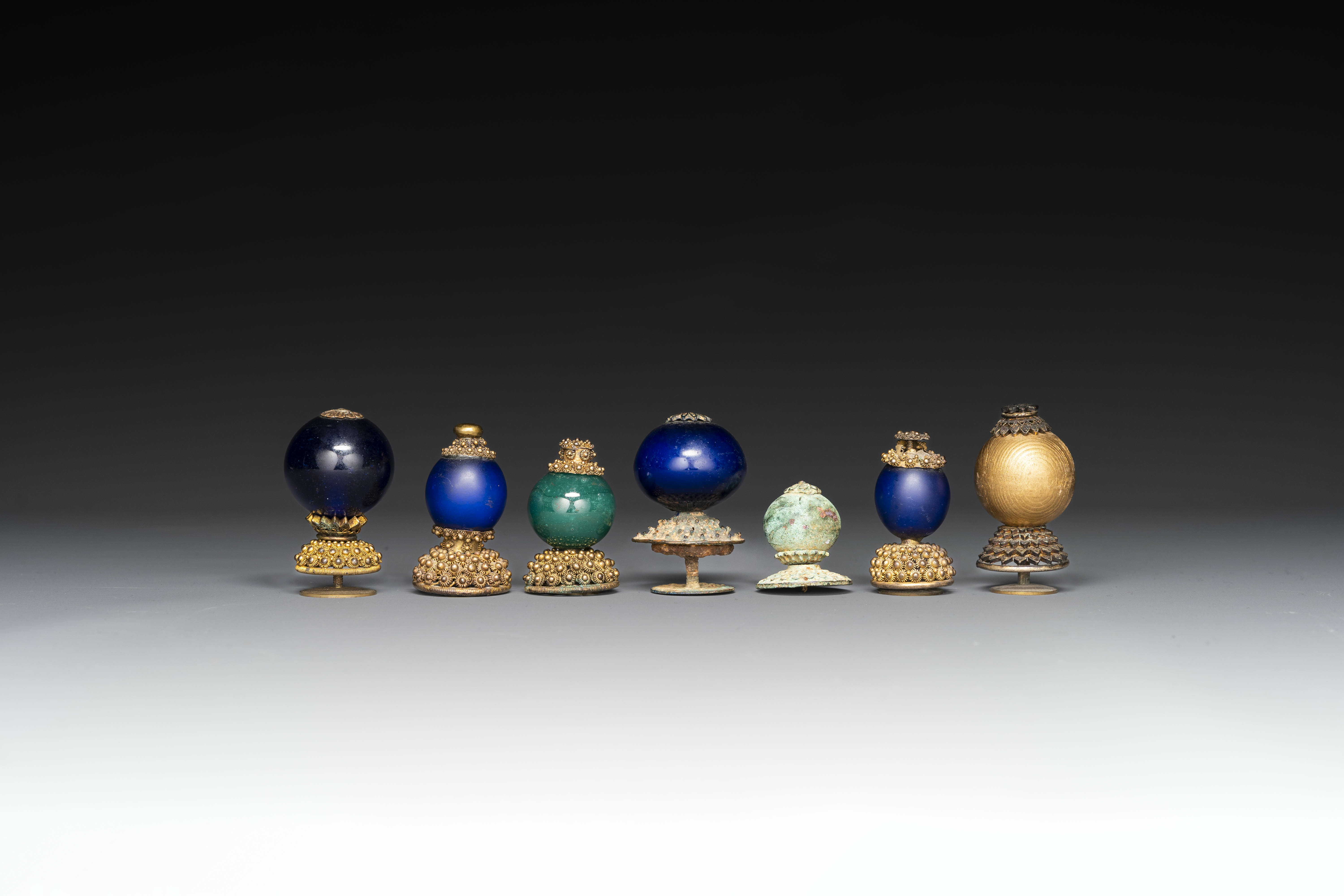 Seven Chinese gilt bronze Mandarin hat finials, Qing - Image 3 of 7