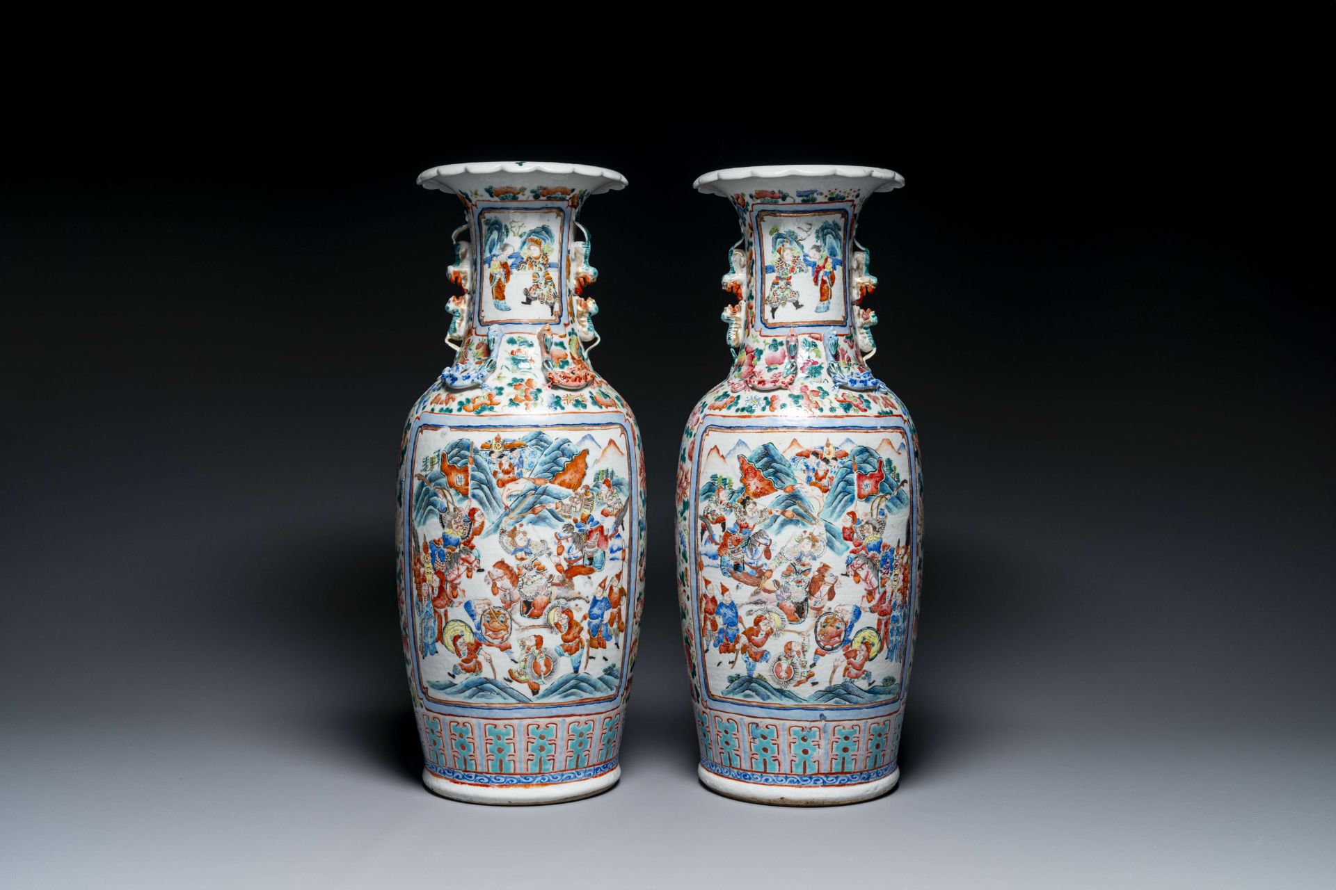 A pair of Chinese famille rose vases with narrative design, 19th C. - Image 2 of 4