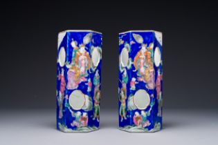 A pair of unusual Chinese blue-ground famille rose 'Eight Immortals' hat stands, Tongzhi mark and of