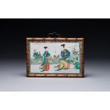 A Chinese rectangular famille verte plaque in wooden faux bamboo frame, Kangxi