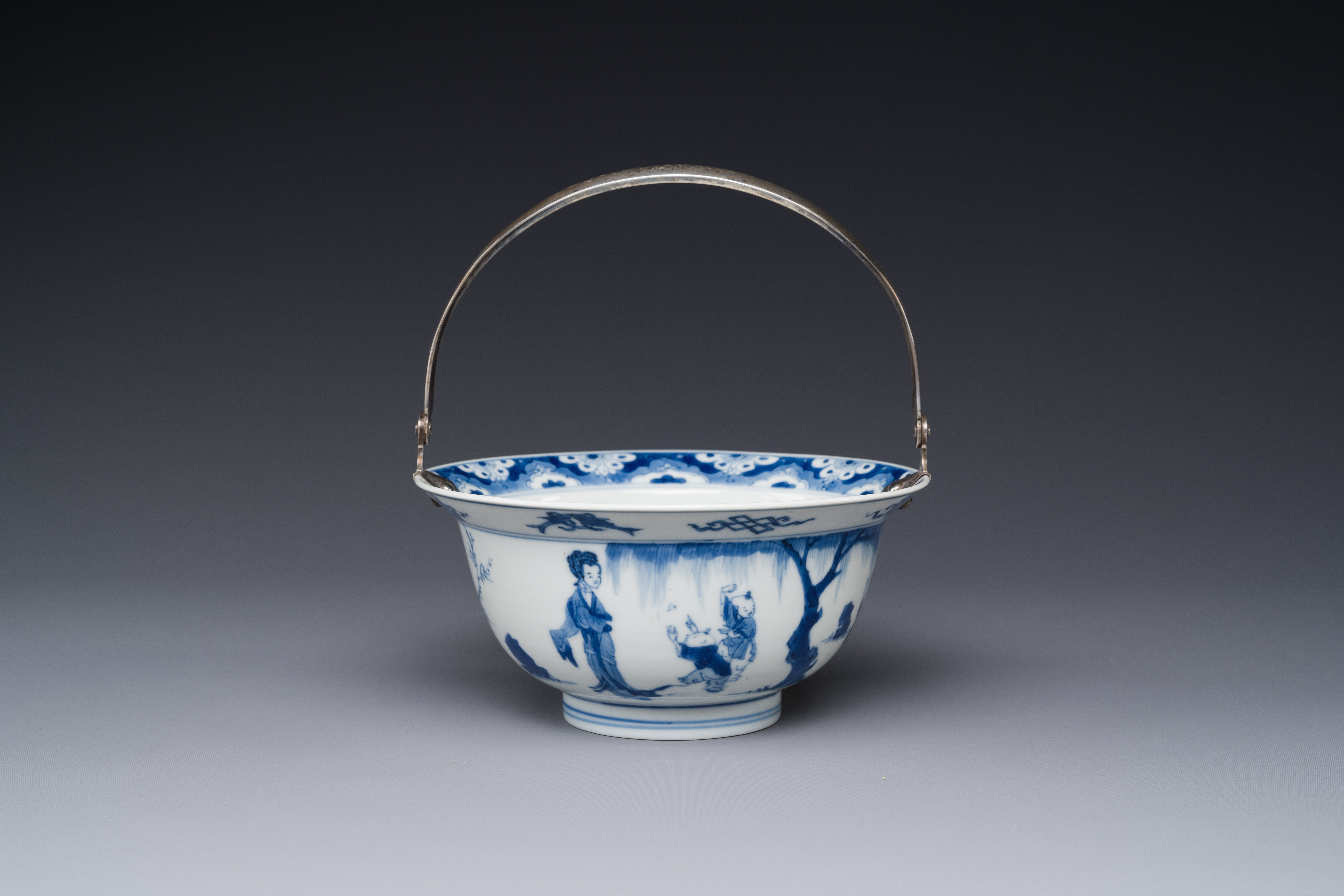 A Chinese blue and white bowl depicting playing boys and ladies with a silver handle, Chenghua mark, - Image 3 of 6