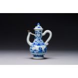 A Chinese blue and white 'fisherman and woodcutter' ewer and cover, Transitional period