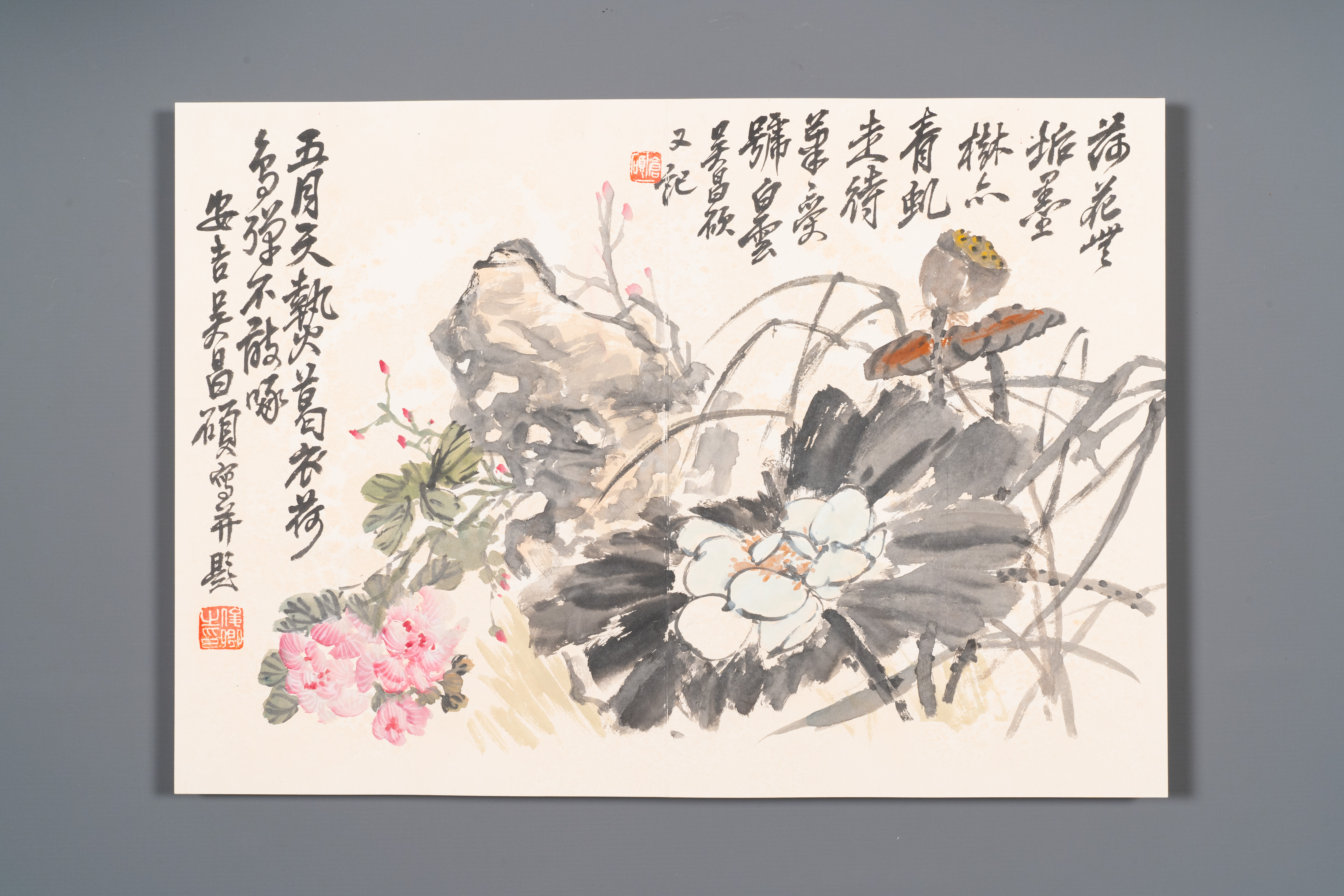 Wu Changshuo å´æ˜Œç¡• (1844-1927): Album with 10 floral works accompanied by calligraphy, ink and c - Image 5 of 14