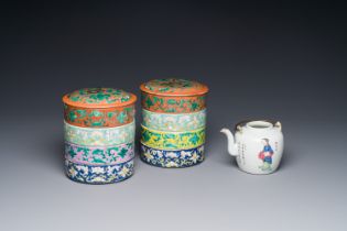 A pair of Chinese famille rose four-tier stacking box and a teapot, 19th C.