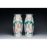 A pair of Chinese hexagonal famille rose vases, 19th C.